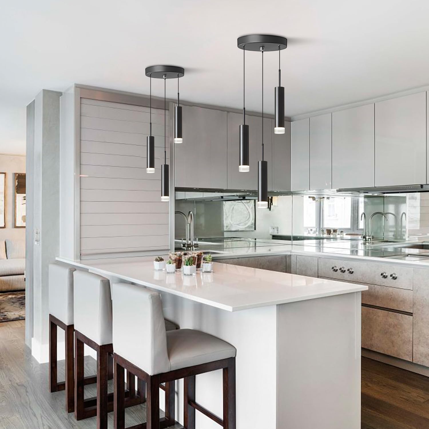 3-Light Black LED Pendant Light Modern Kitchen Island Light Fixture Adjustable Hanging Light Fixtures Contemporary Modern Mini Pendant Lights for Dining Room Kitchen Bathroom Hallway (3 Light)
