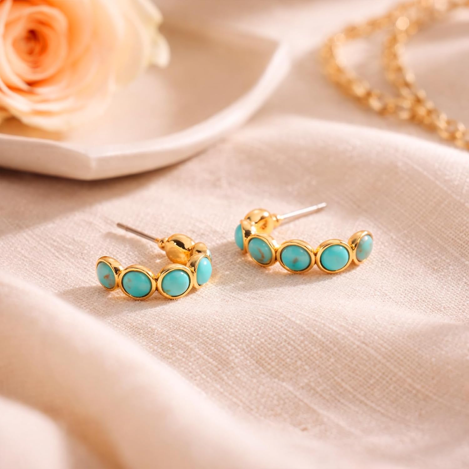Natural Turquoise Gold Hoop Earrings for Women, Small Huggie Earrings with Genuine Turquoise Stones, Minimalist Boho Jewelry, Birthday Mother’s Day Gift
