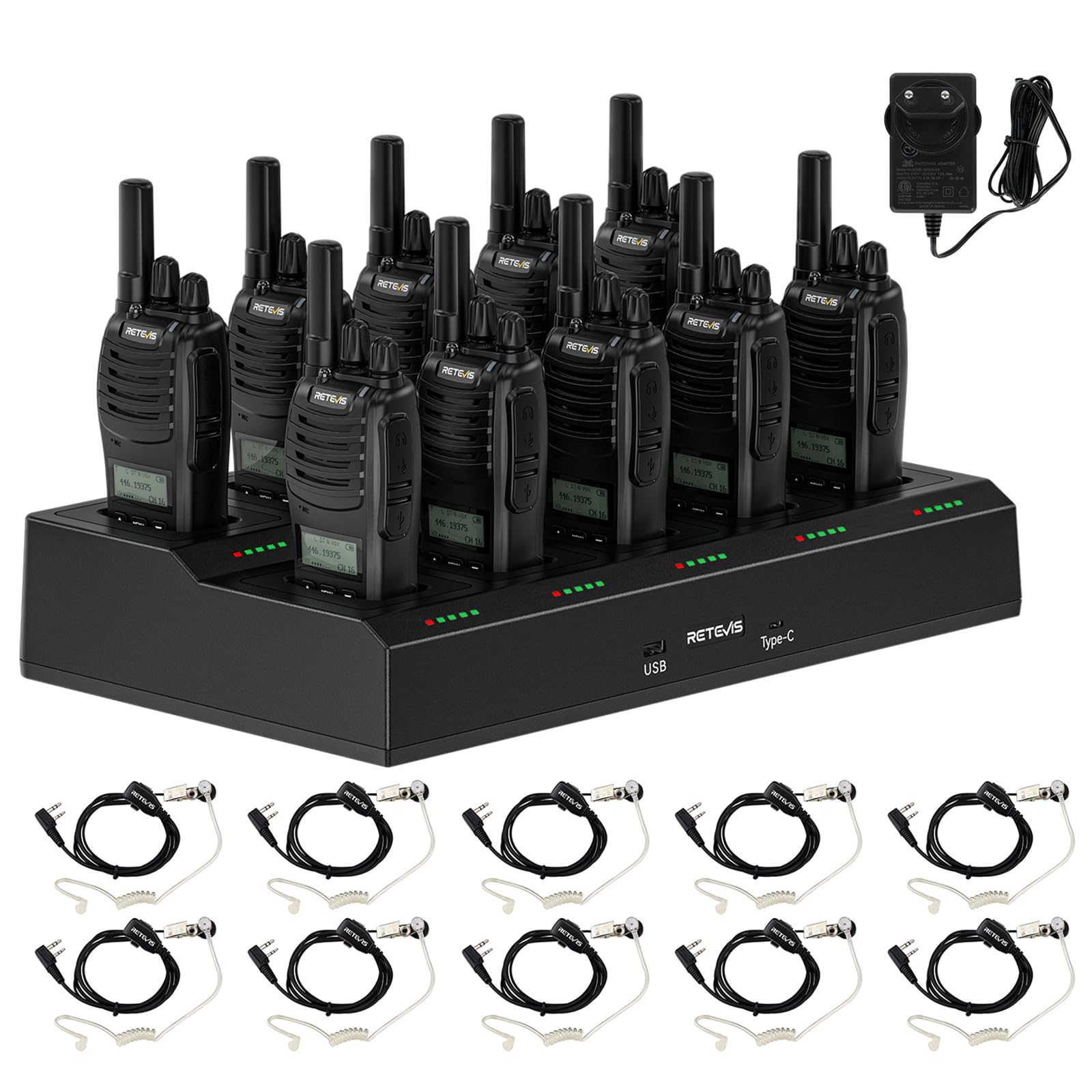 Retevis H777D Walkie Talkie PMR446, Ricetrasmittenti con Caricabatterie a 10 Vie, Display LCD, Wolky Toki Portatile con Auricolare per Sicurezza, Hotel (Confezione da 10)