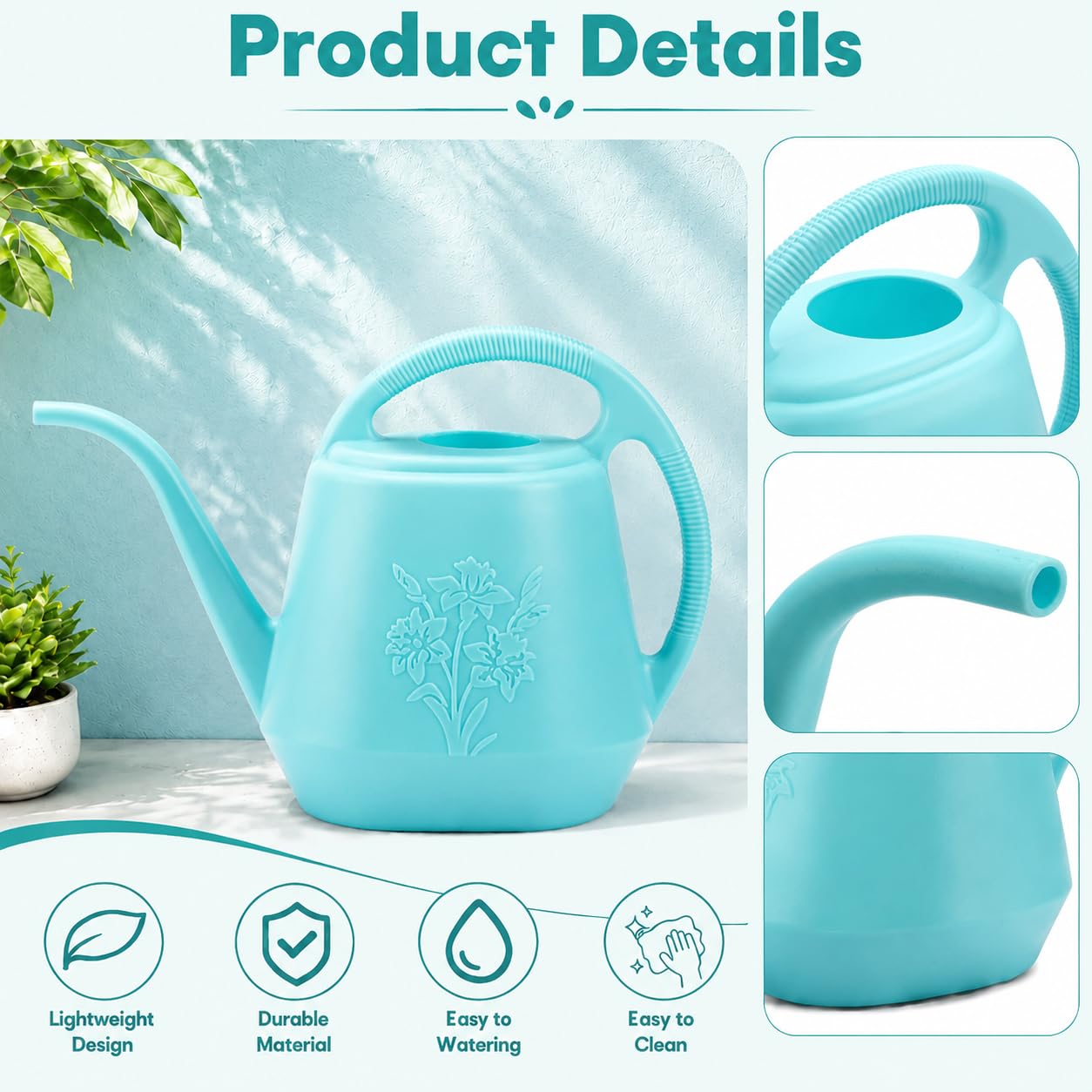 Fasmov Arrosoir en plastique de 3,8 l avec poignée confortable, arrosoir de jardin à long bec pour arroser les plantes, bleu vif