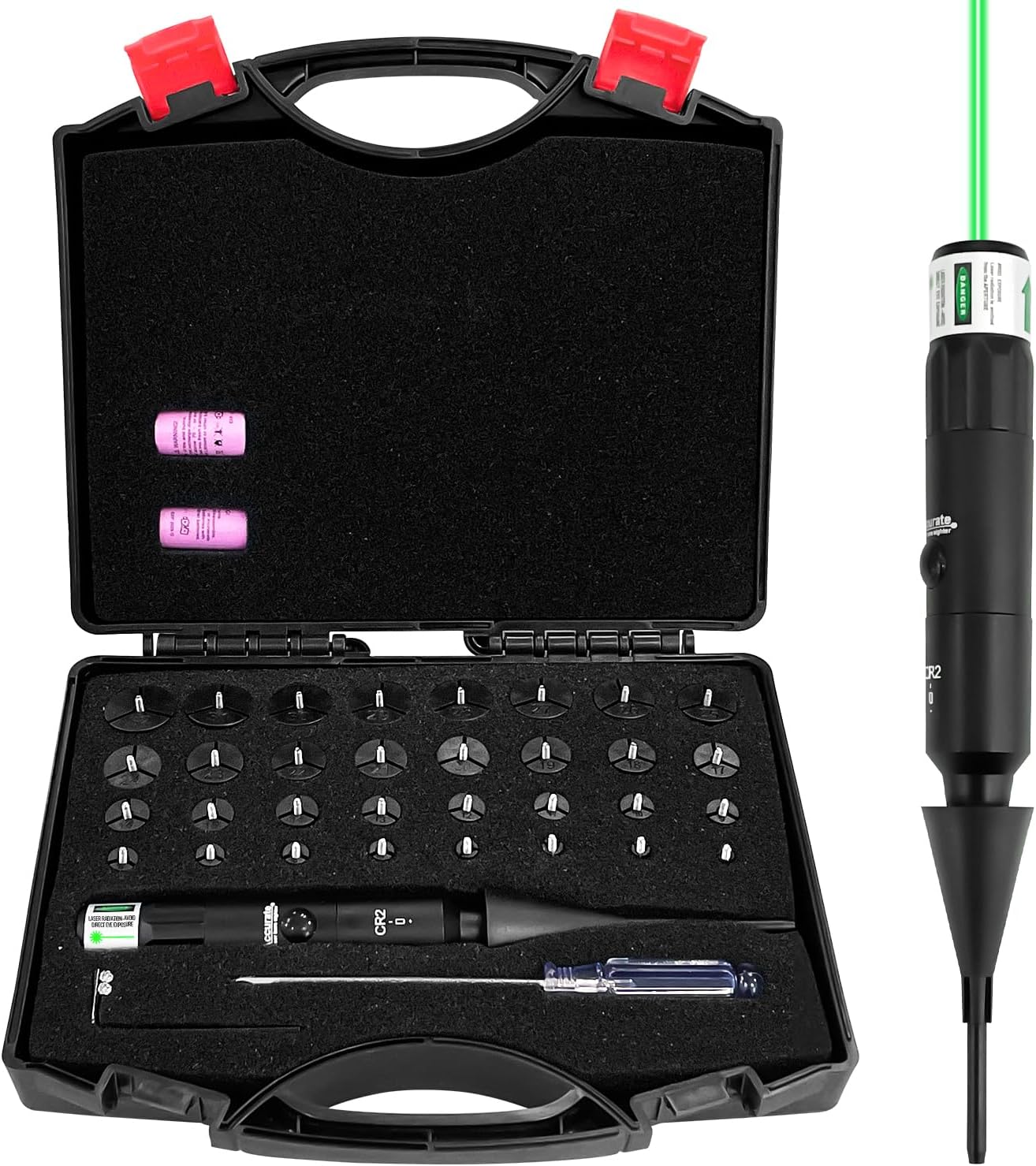 Professional Laser Bore Sight Kit with 32 Bore Adapters, fit .17 to 12GA Calibers, Bright Red/Green Laser Bore Sighter with Button Switch, Powerful Hunting Equipment