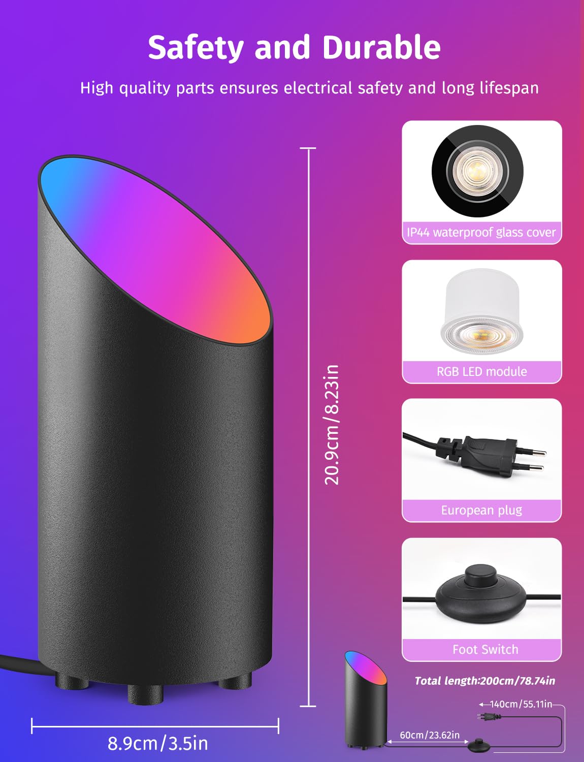GeyouLux 5W RGBW LED Uplight Spot Regulable, Lampara Pie Led Para Salón con Mando a Distancia, Control a TravéS De La Aplicación, Temporizador, Modo Música Para Salón, Videojuegos, Negro 2 Piezas