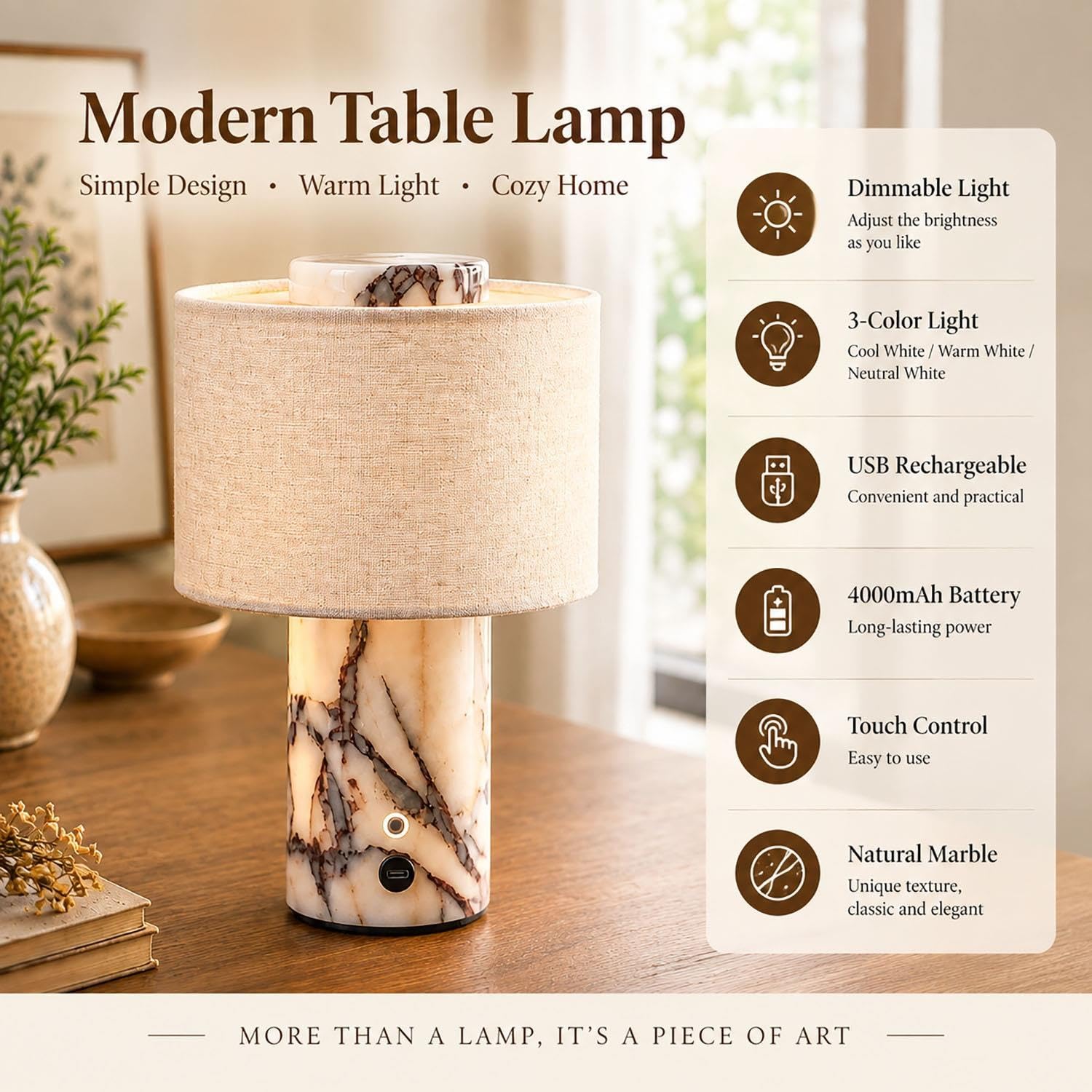 Lampada da tavolo in marmo con lampada d'ambiente con venature naturali