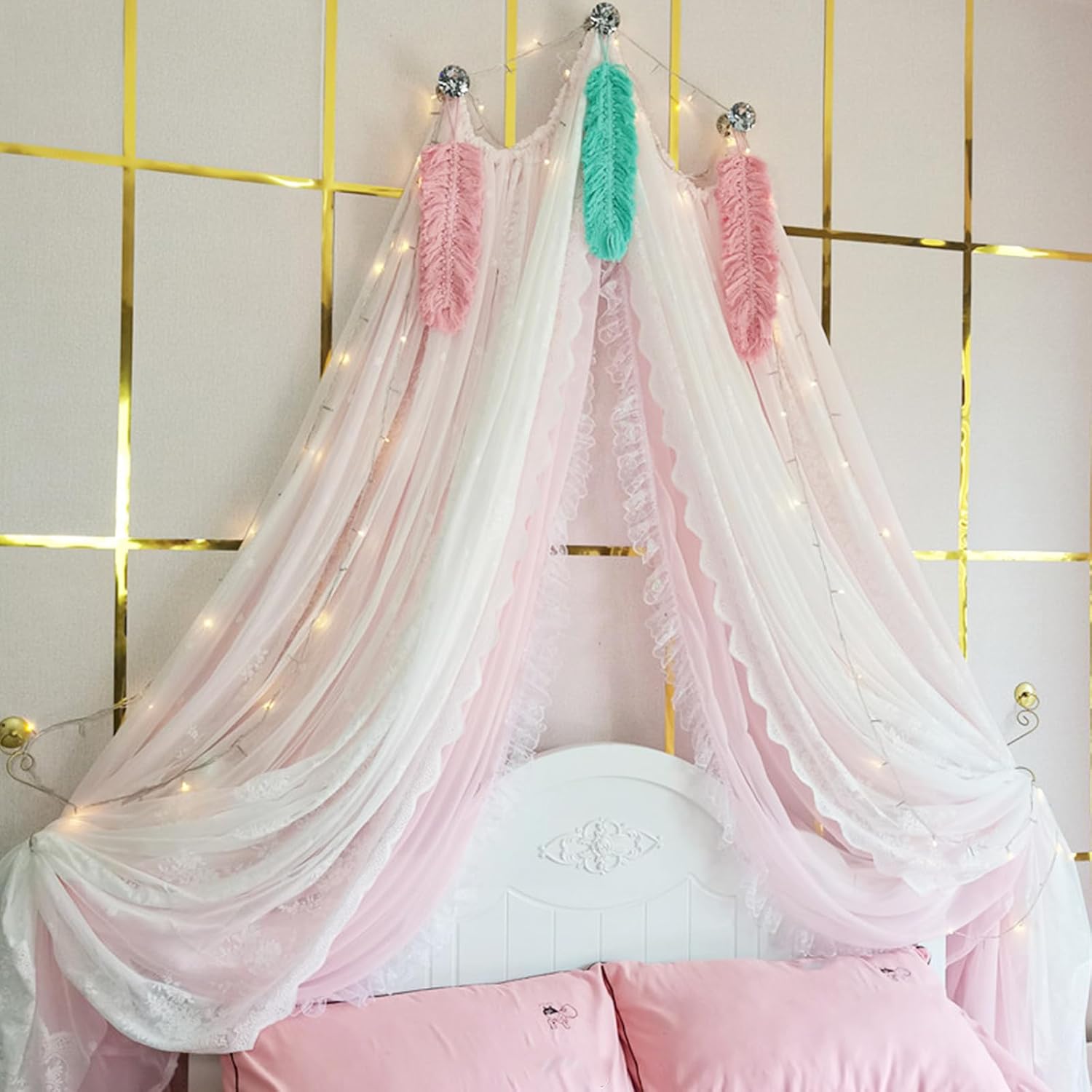 Princess Bed Canopy, Mosquito Net with Pompoms, Cute Decorative Yarn Bed Curtains Drapery Play Tent, Romantic Gifts for Your Daughter