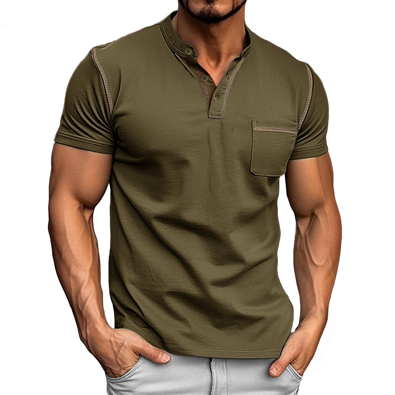 Donason Herren Henley Shirt Sommer Kurzarm Knopf T-Shirt mit Brusttasche und Grandad-Ausschnitt Kurzarmshirt Casual Basic Tops Tshirt für Männer