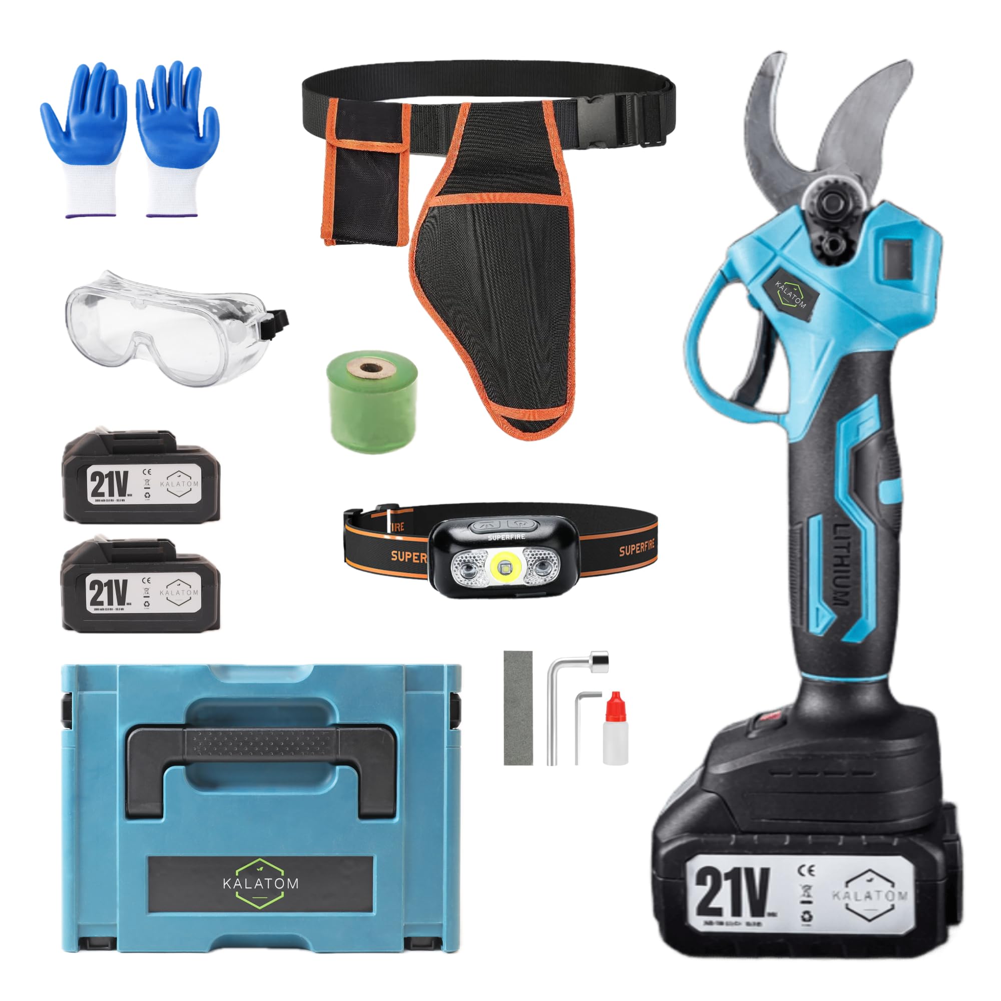 Tijeras de Podar Electricas, Kit Completo, Podadora Electrica Bateria 21V Recargable 2x3000 mAh, Tijeras Podar con Accesorios de jardinería con pantalla Display.