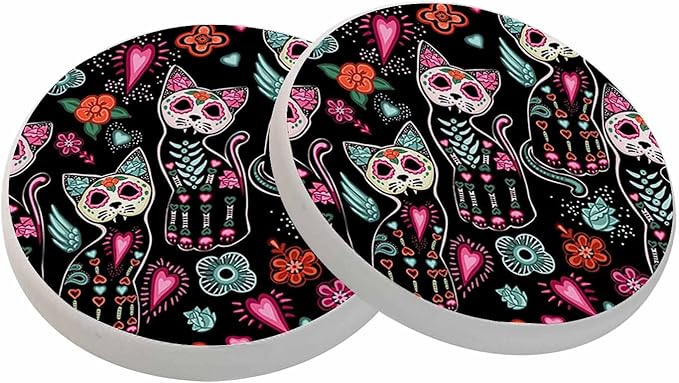 oFloral Cat Black Coasters for Drinks Day of The Dead Halloween Heart Shape Colorful Flowers Cups Place Mats for Home Decor Set of 2, 4 Inch