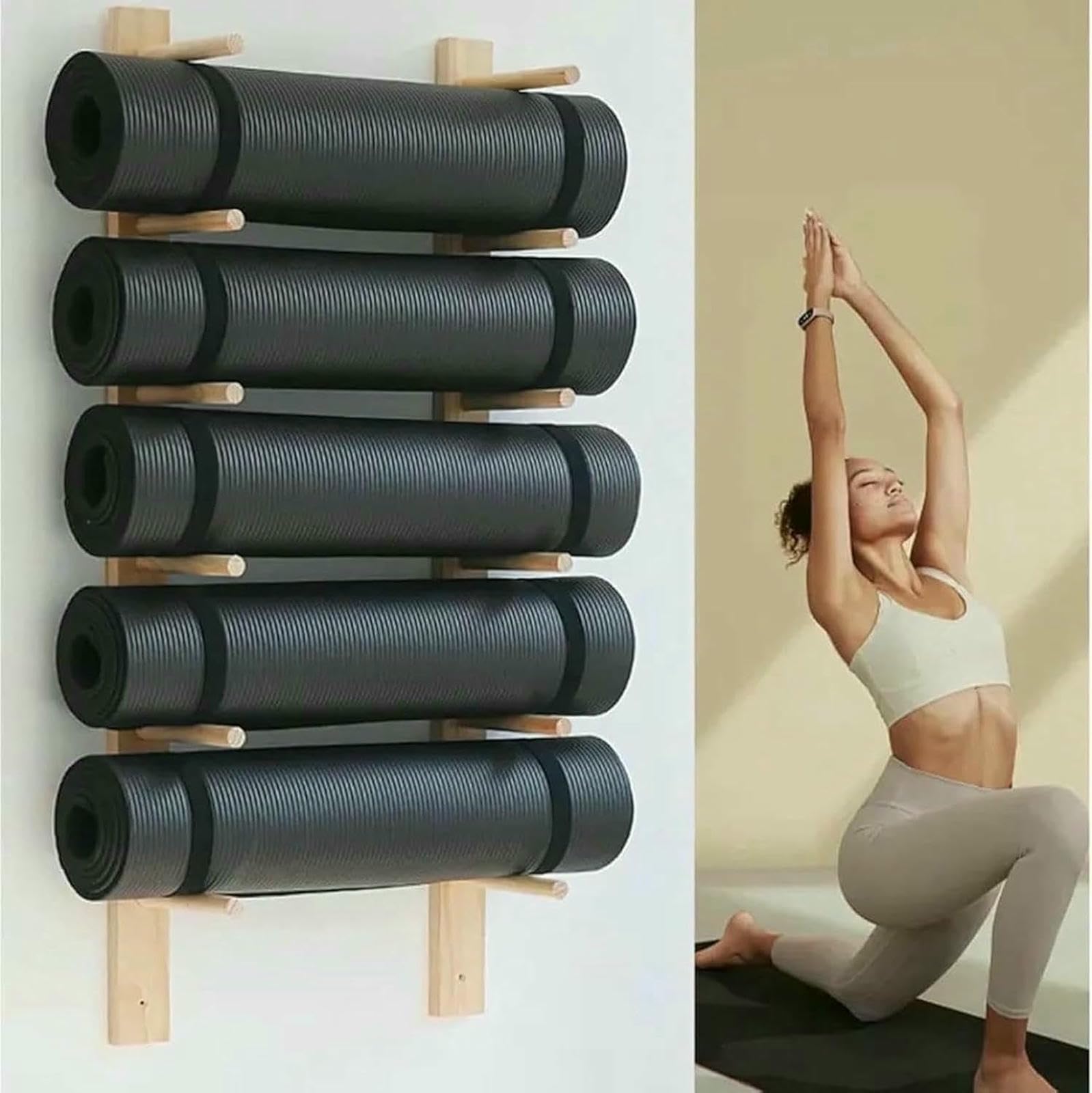 Support mural en bois pour tapis de yoga et rouleaux mousse