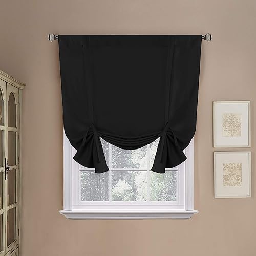 H.VERSAILTEX Blackout Curtain for Bathroom Windows Adjustable Tie Up Shade/Blackout Curtain with Rod Pocket Top (Solid in Jet Black, 42 inches W x 63 inches L, Set of 1)