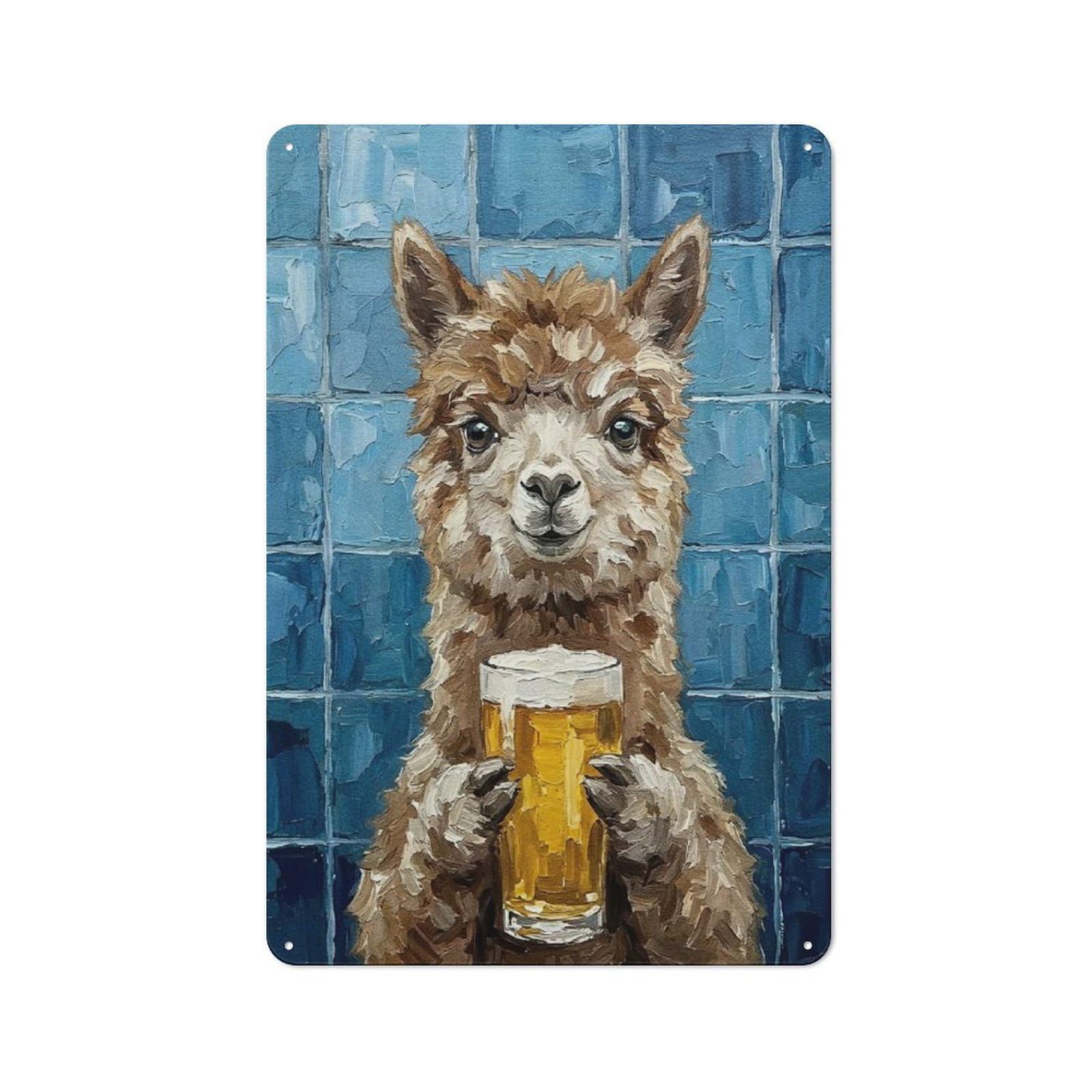 Junmoney Style-18 Alpaca With Beer Painting Rustic Metal Wall Sign 30X20cm For Workshop Wall, Suited To Makers And Diy Enthusiasts