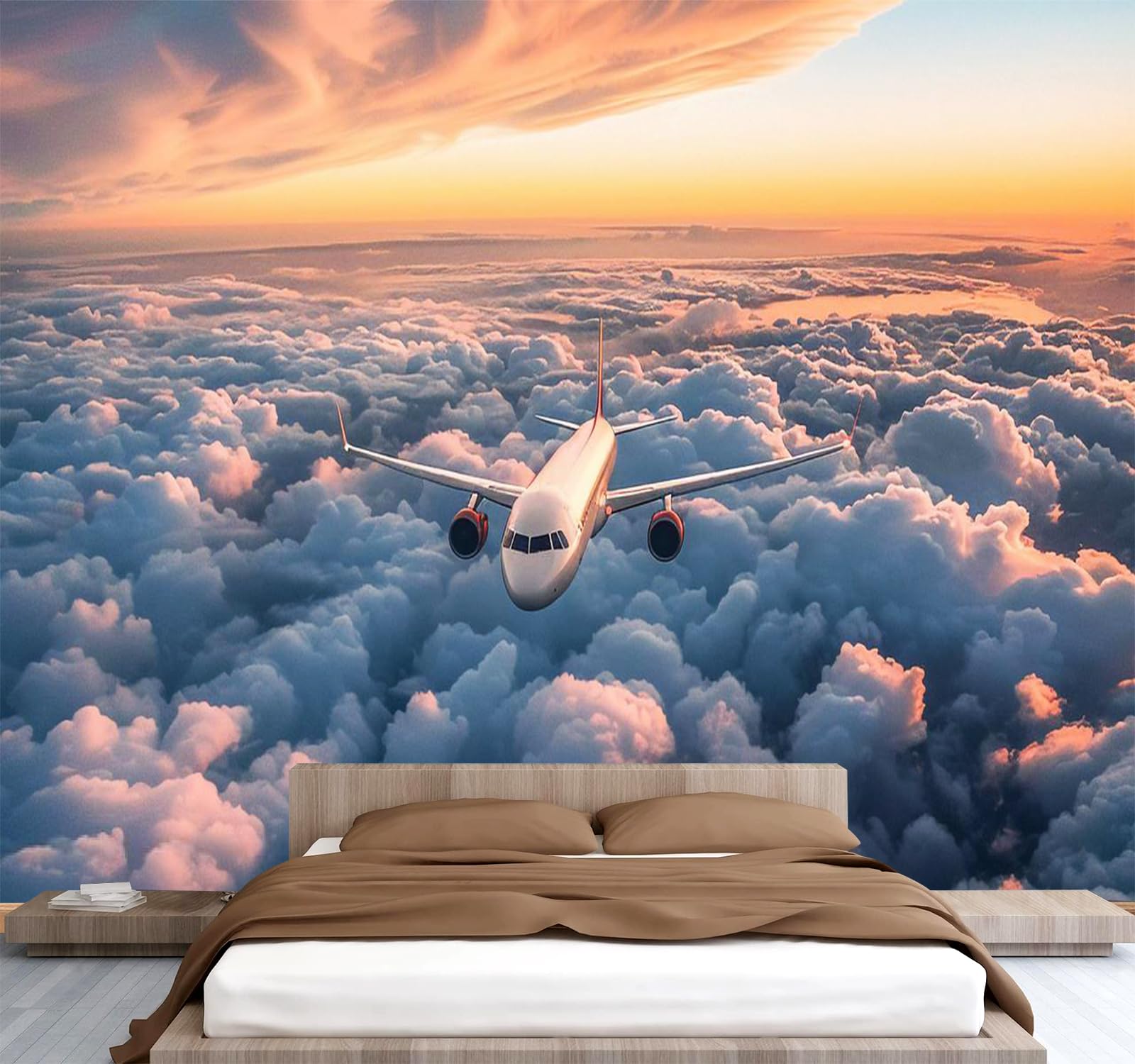 Générique Papier Peint Panoramique 3D 350x256 cm Avion Non-tissé Murale Maison Décoration Intérieure Nuages Coucher De Soleil pour Chambre Salon Mur TV Artistique Poster Décoration Murale 1M855
