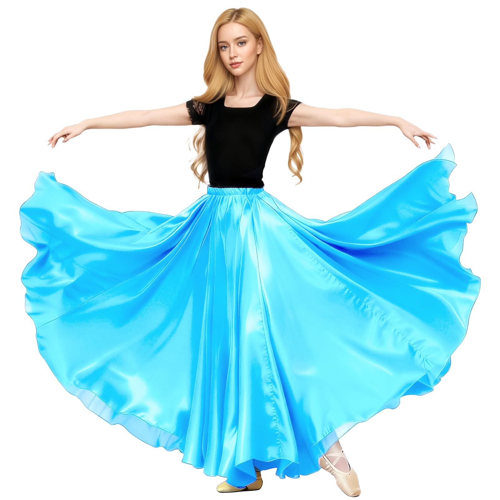Baisdan Women's Sky Blue Satin Skirt Belly Dance Costume Festival Maxi Full Long Swing Skirt