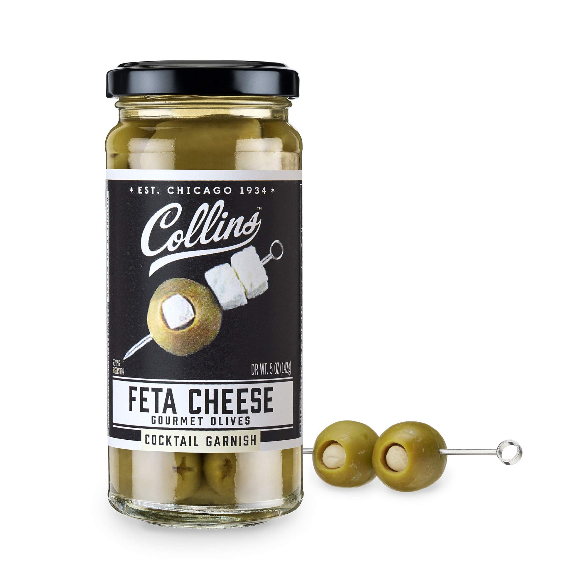 Collins Gourmet Feta Cheese Olives | Cheese-Stuffed Premium Garnish for Cocktails, Bloody Marys, Martinis, Salads, Meat Trays, 5oz