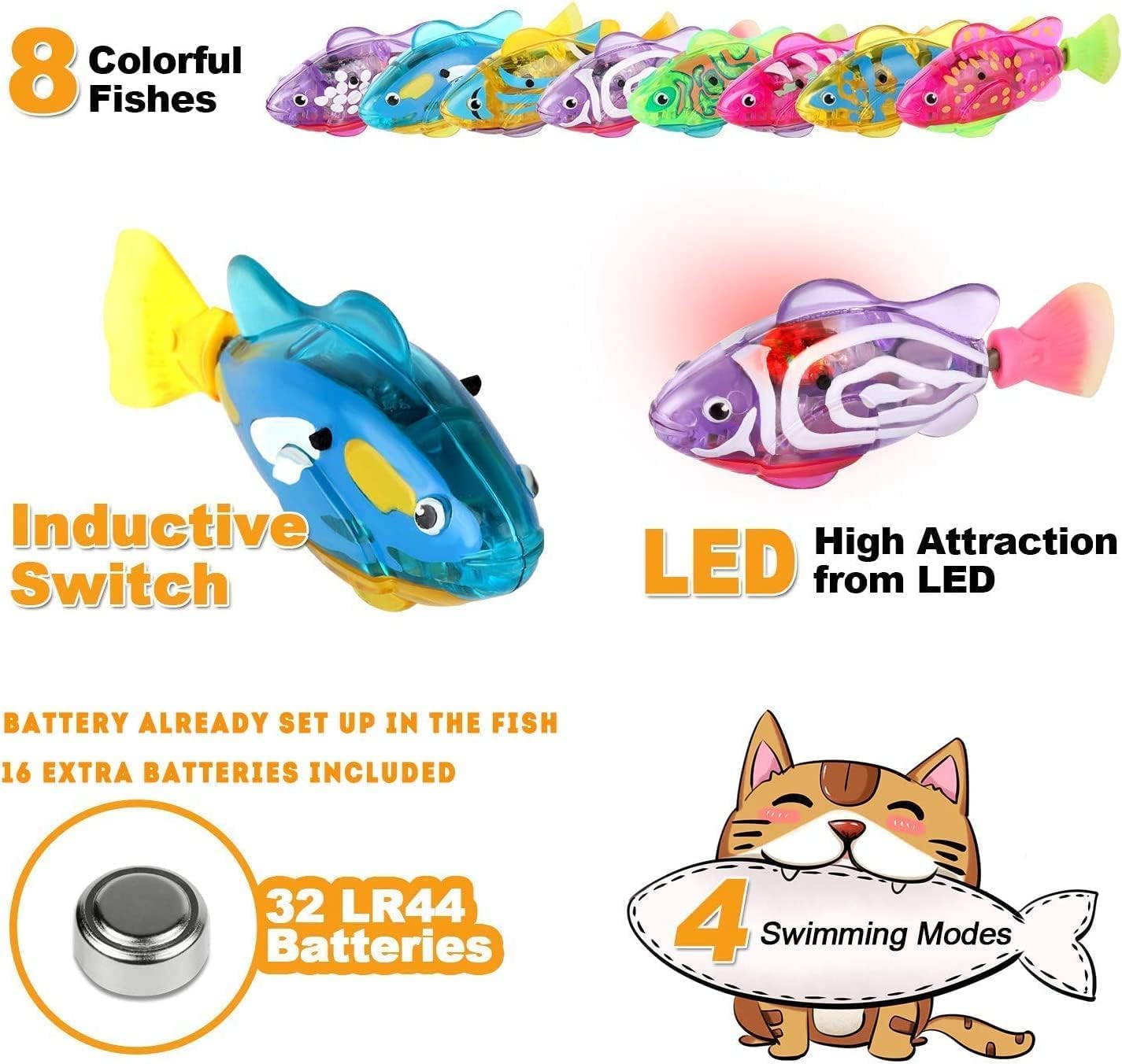 Swimming Robot Fish Cat Toy Interactive For Indoor Cats Play, Cat Enrichment Electronic Cat Stuff Kitty Exercise Toys Fish with LED Light to Stimulate Your Cat's Hunter Instincts (8pcs)