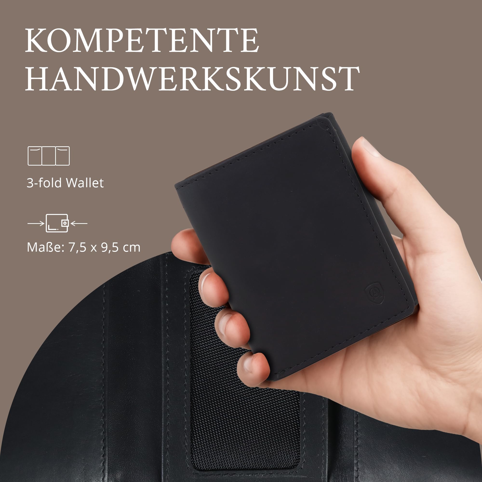 AKAROA – Trifold Geldbörse Herren echtes Rindsleder Henry – Portmonee Herren 7,5x9,5cm mit 10 Kartenfächern & Münzfach mit Reißverschluss – Geldbeutel im Hochformat mit RFID Schutz – Schwarz