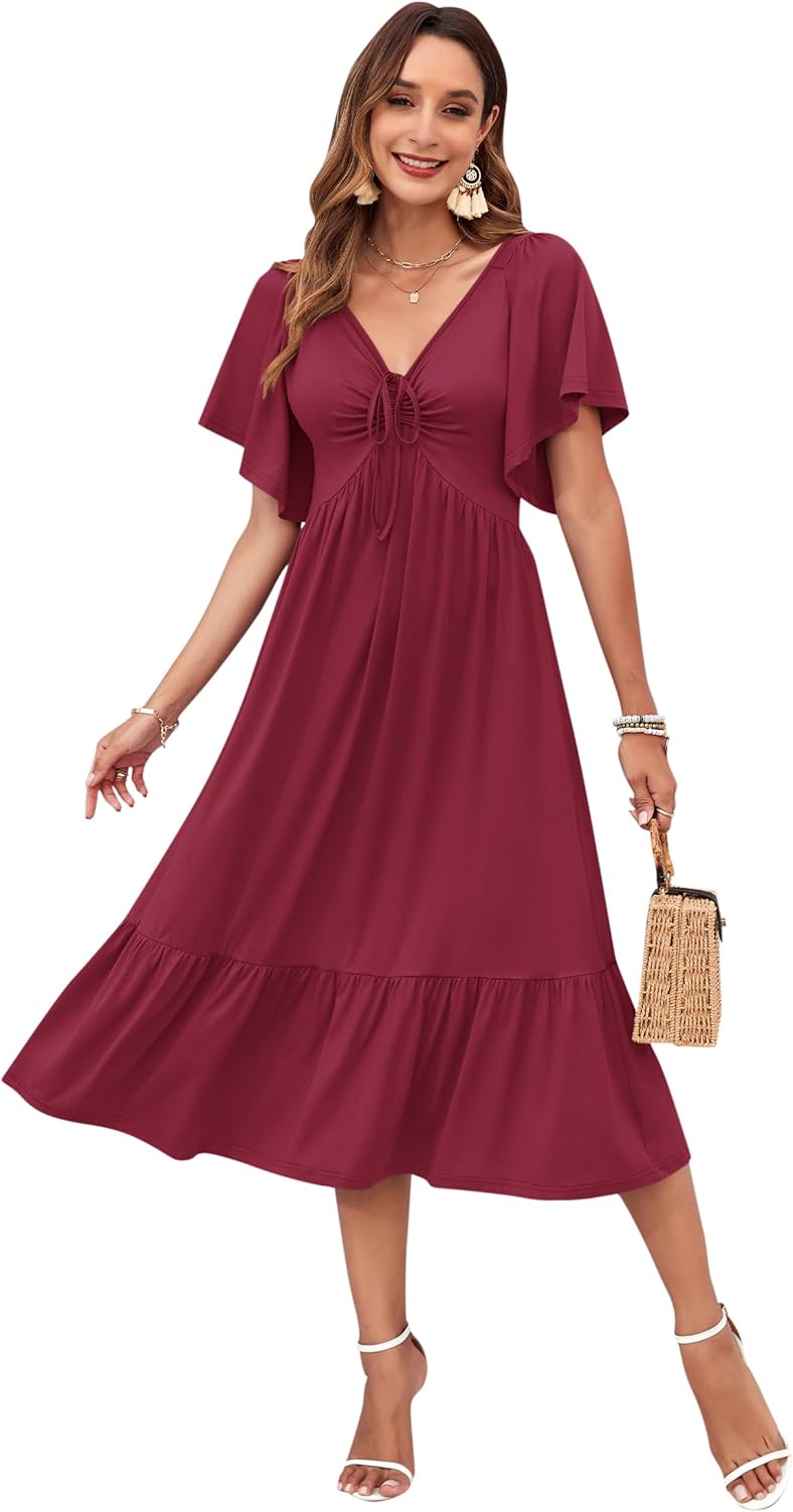 AUSELILY Women's Summer Empire Waist Dress Casual V Neck Short Flutter Sleeve Midi Dresses 2026 - Image 3