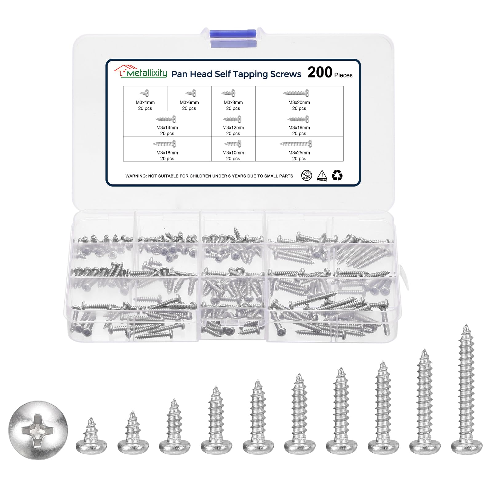 METALLIXITY Phillips Pan Head Self Tapping Screws(M3) 200Pcs, 304 Stainless Steel Self Drilling Screw Assortment Kit for Metal Wood Plastic, for Cabinet Wall Shutter Plate Furniture, Silver