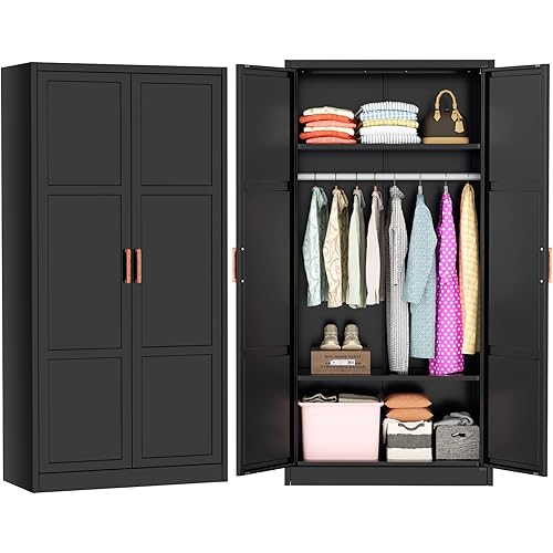 Greenvelly Metal Wardrobe Cabinet, 72" Black Armoire Metal Wardrobe Closet for Hanging Clothes with Wooden Handle, Modern Clothes Cabinet for Home, Office,Bedroom, School,Gym