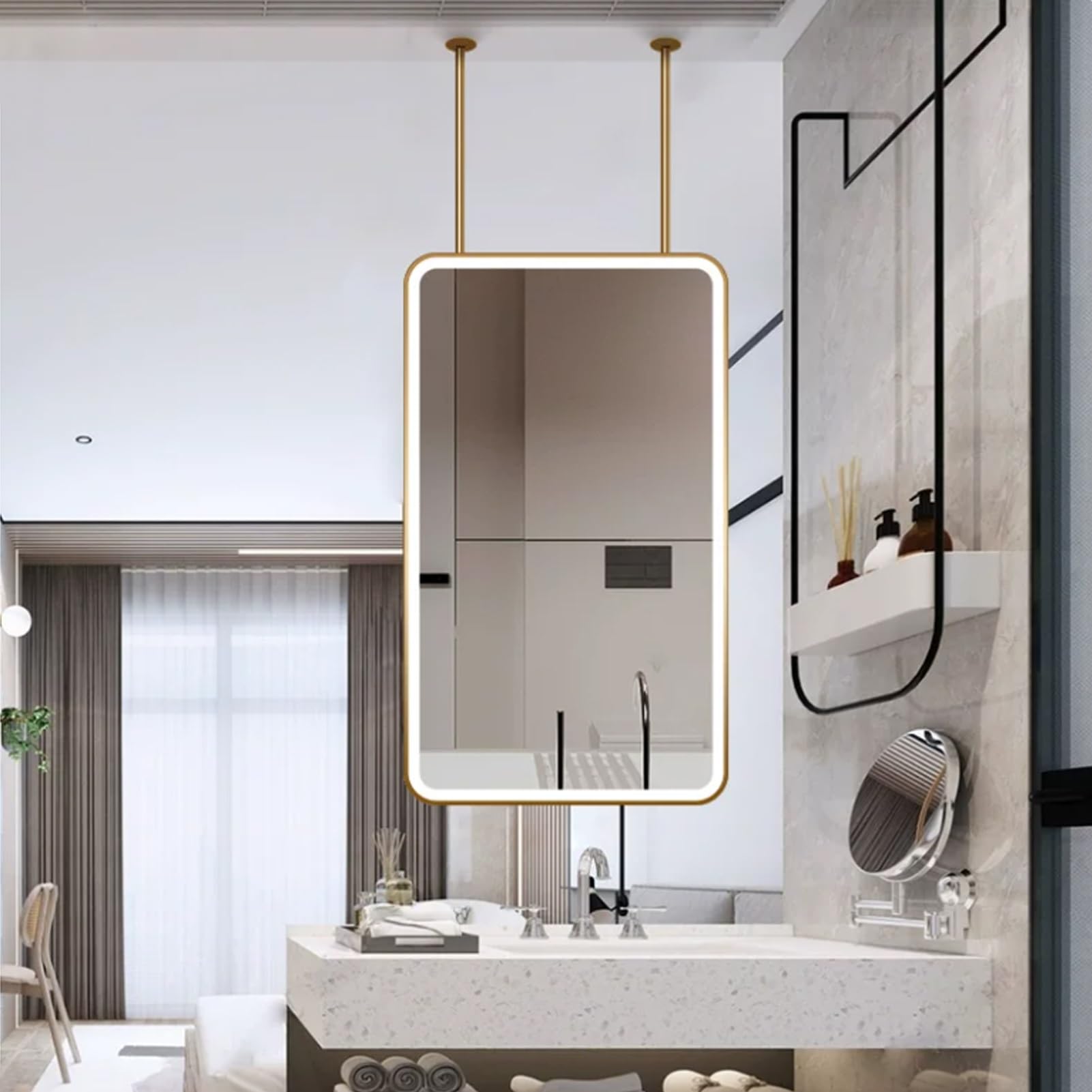 FGXHHS LED Rectangle Mirror，Ceiling Hanging Suspended Mirrors Gold Bathroom Vanity Mirror with Metal Frame，Wall Mounted for Living Room Entrance Bedrooms Dressers(40cmx60cm)