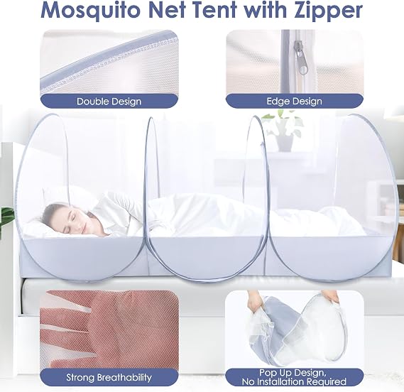 Foldable Mosquito Net, Ultra Light Pop-up Mosquito Net, Portable Camping Tent, Family mosquito net Bed, Adjustable Single Bed Fine Mesh with Zip for Outdoor Travel Home Dorm, Easy Setup, 190*90*90cm