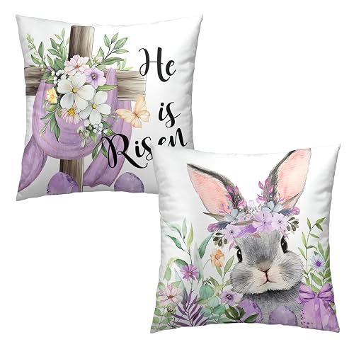 2 Pack Easter Throw Pillow Covers Floral Cross He is