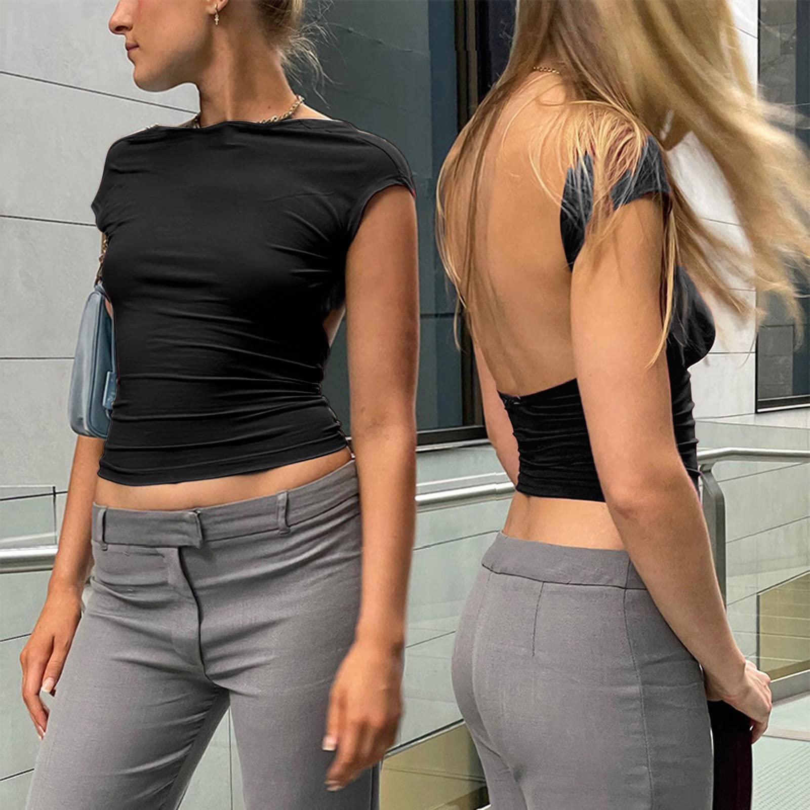 Crop Tops Damen Sexy, Bauchfreies Oberteil Damen Y2K Top Rückenfrei Slim Fit Backless Front Back Reversible Cut Out Basic T Shirt Kurzarm Cropped Oberteile Tank Top für Teenager Mädchen Streetwear