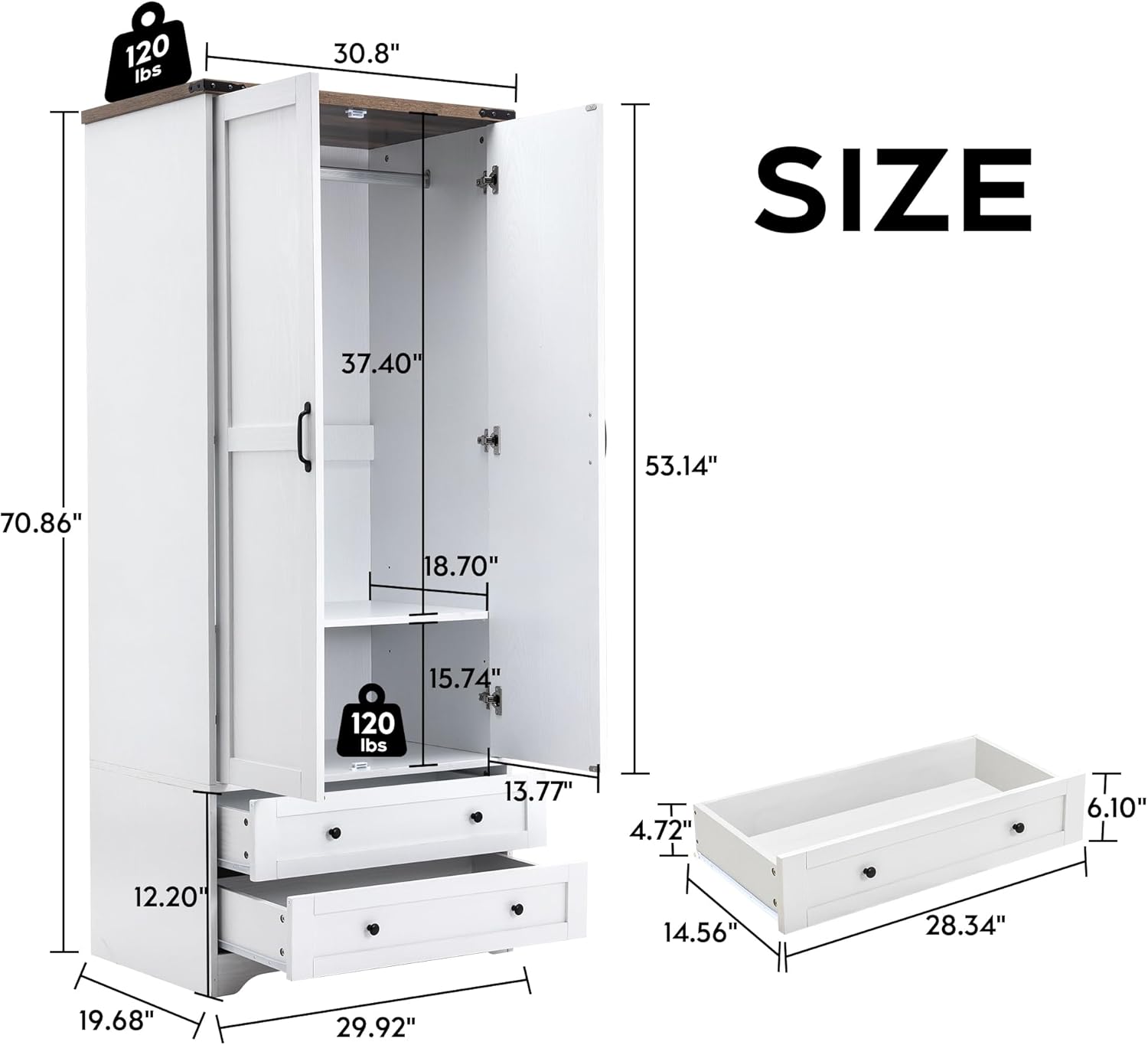 Yechen 71" Wooden Armoire Wardrobe Closet - Modern Functional Clothes Tall Storage Cabinet with Adjustable Shelf and Hanging Rail, Sturdy Freestanding Closet Wardrobe with 2 Wide Drawers for Bedroom