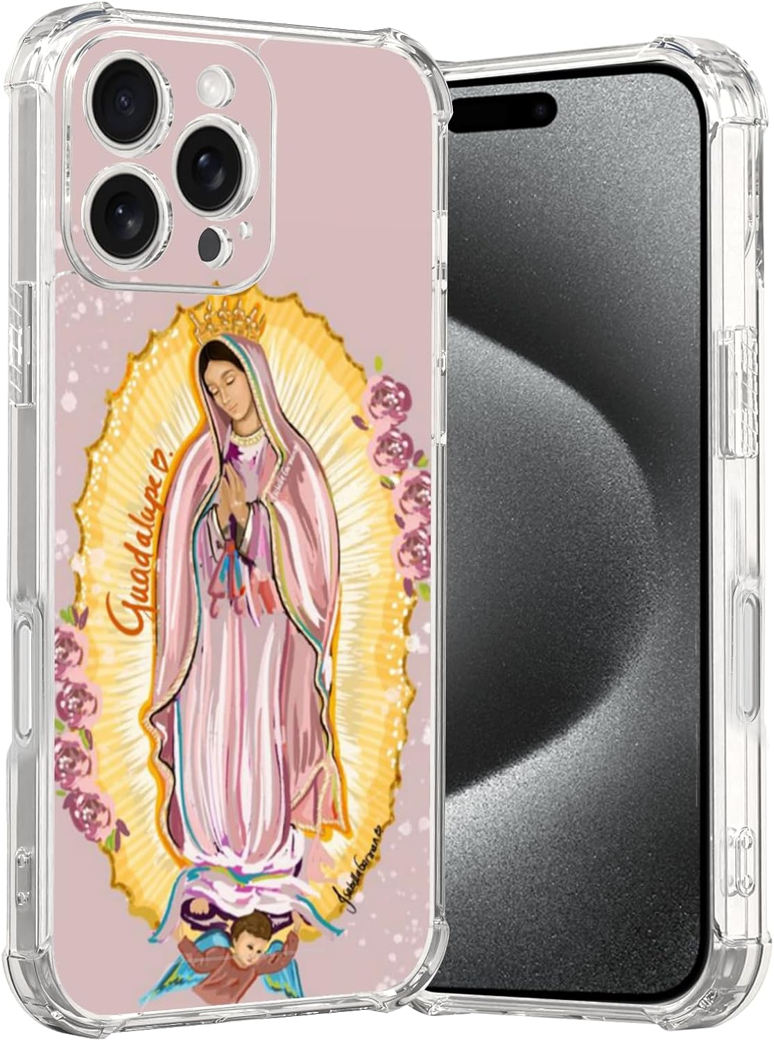 Flesh Virgencita Phone Case Fit for iPhone 16 Pro Max —Wireless Charging Shockproof Clear Mexico Virgen de Guadalupe Phone Cover Gift for Boy Girl Men Women