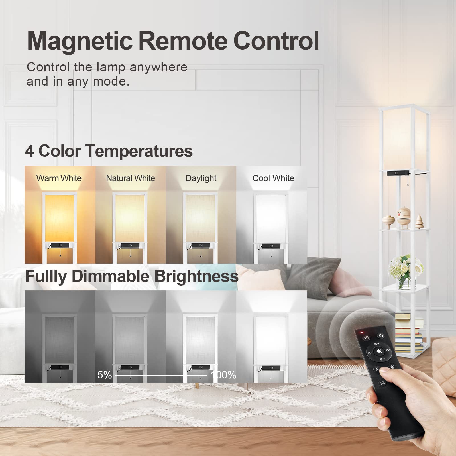 OUTON Stehlampe Regal mit Fernbedienung, 2 USB-Anschlüsse und 1H Timer, LED wechselbar, mit