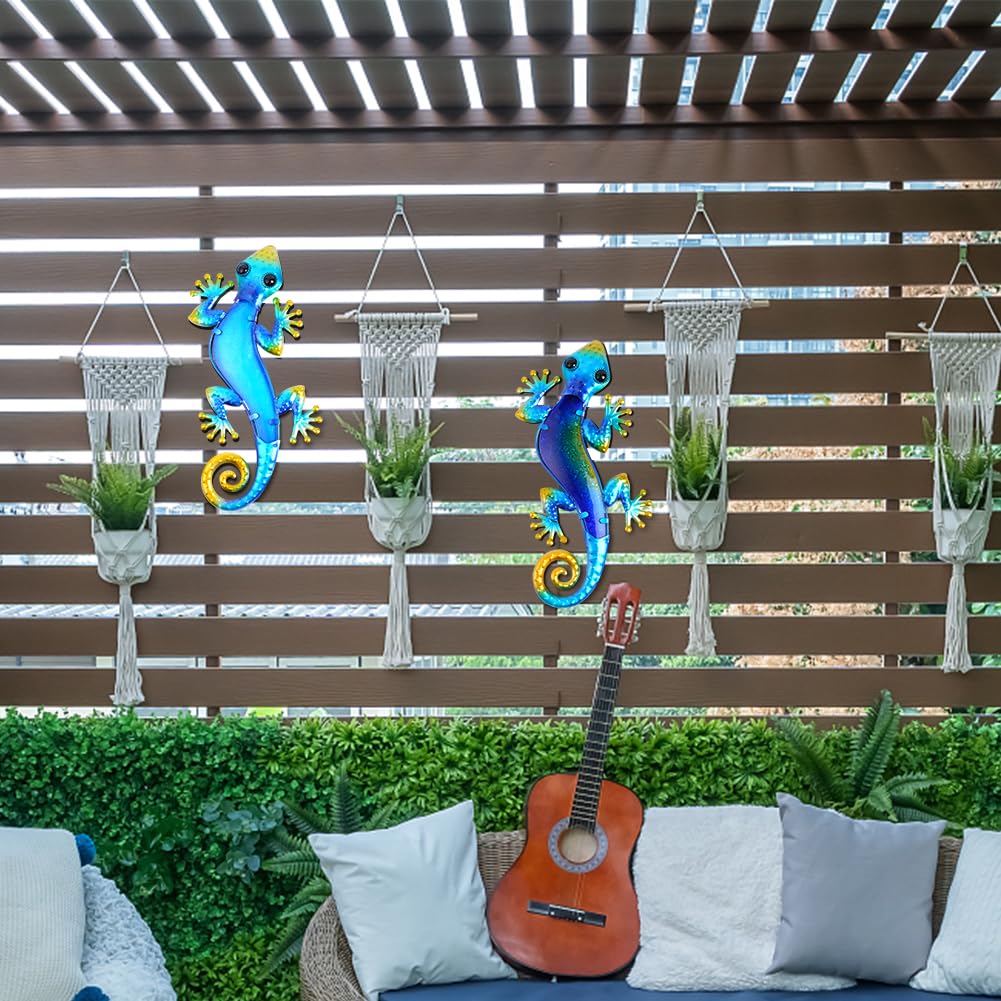 AOOSU Metal Decor Gecko Art Decor, Wrought Iron Colorful Gecko Wall Sculptures, Outdoor Garden Fence Ornaments Hanging for Backyard Porch Patio（30.5 * 18cm 2pcs） — view 8