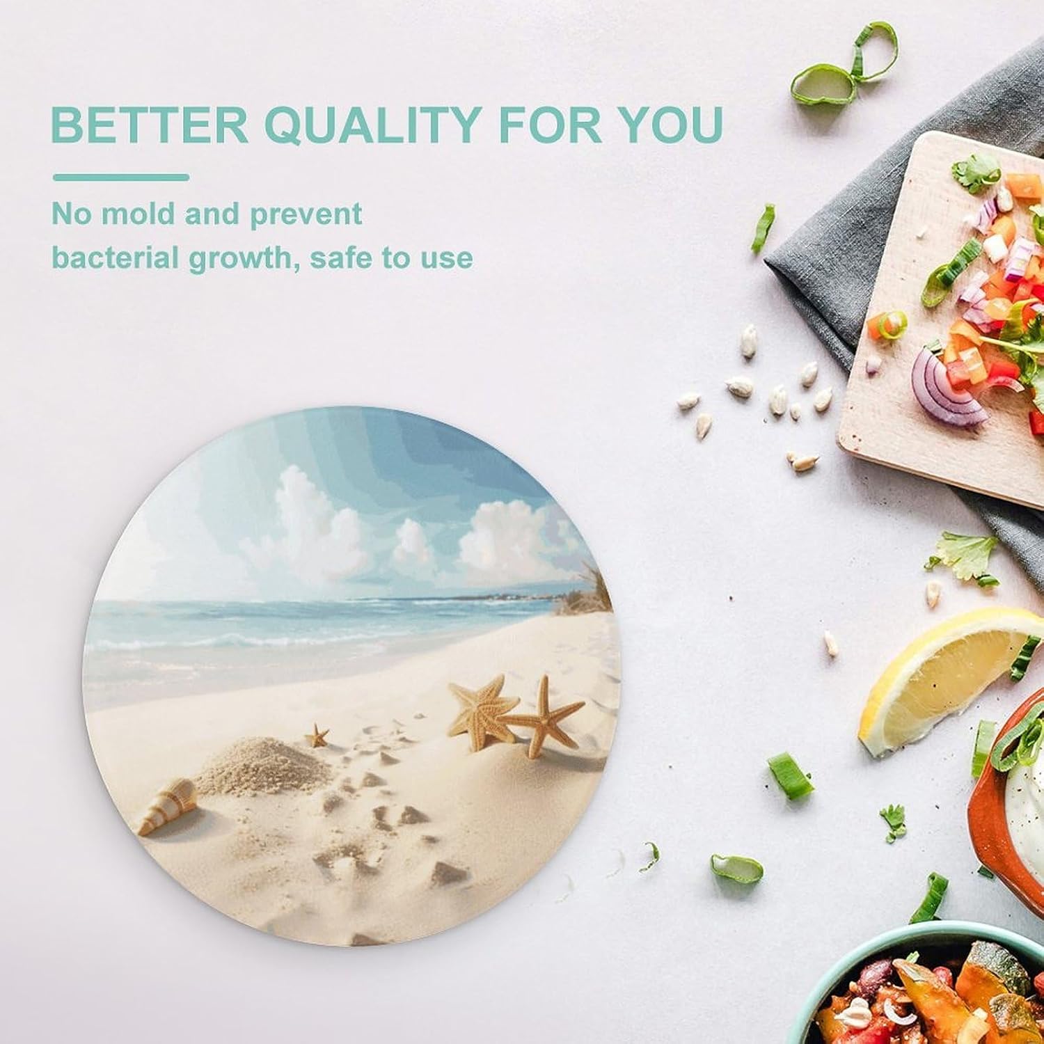 Beach Theme Cutting Board Portable Small Chopping Boards Tempered Glass Kitchen Counter Protector Non-Slip Round Charcuterie Boards Mat for Bar Cheese Board