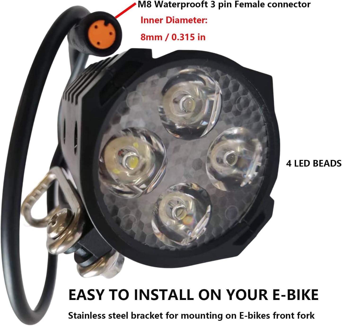 E-Bike LED Headlight with Horn 3 Pin Female Waterproof Connector 36V 48V 4 Beads Bicycle Replacement Headlamp for Electric Bicycles and E-Scooter 15 In Wire