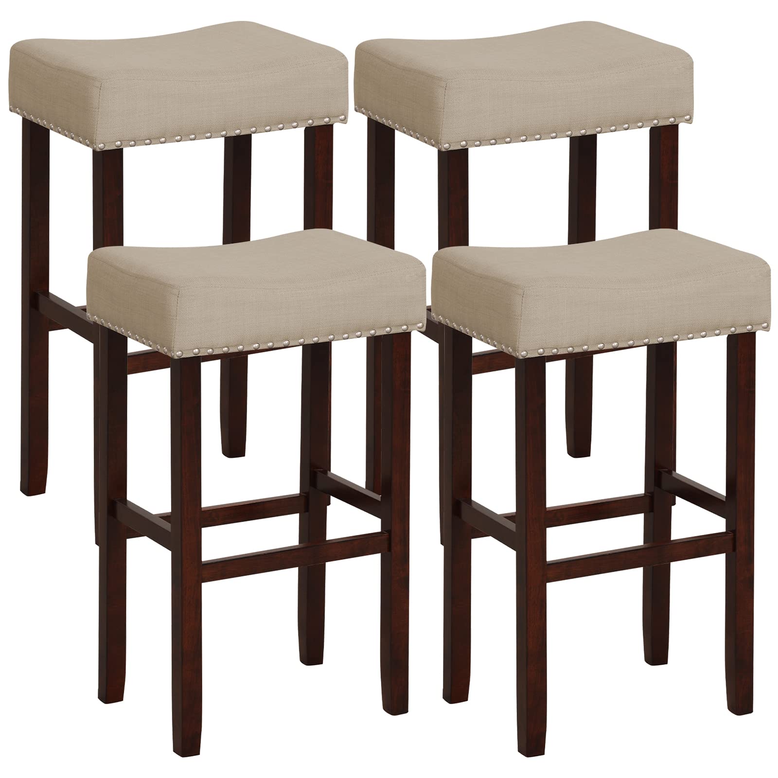 Giantex 29.5" Bar Height Bar Stools Set of 4 - Backless Saddle Barstools with Nailhead Linen Foam Seat, Max Load 330 Lbs Wood Bar Stools with Foot