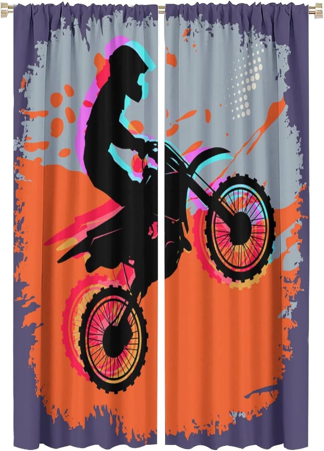 Dirt Bike Blackout Curtains Extreme Sports Motocross Rider Grey Sky Art Print for Kids Boys Men Bedroom Living Room Rod Pocket Decoration Window Drapes 2 Panels W21xL54in