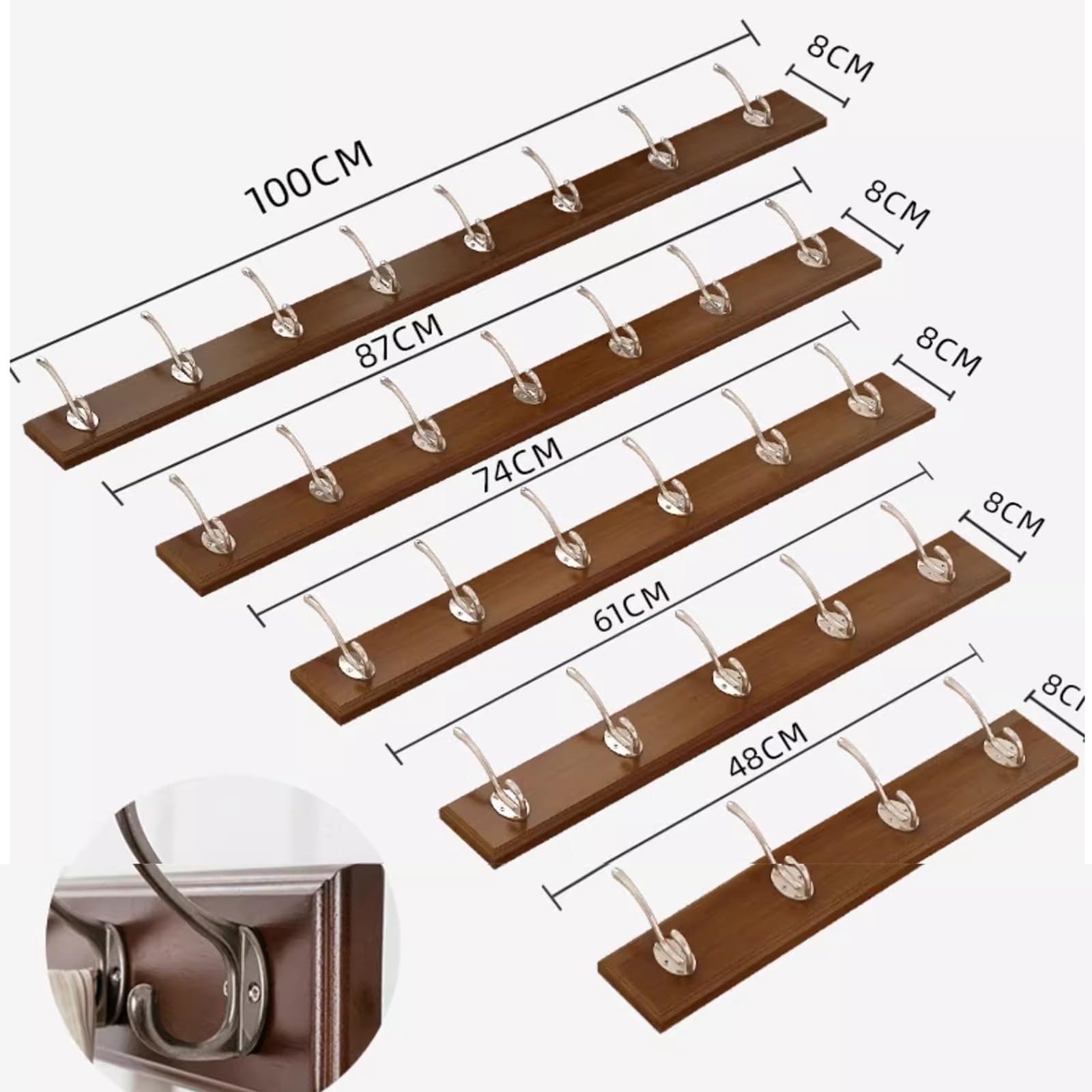 Percheros Pared Madera, Largo Colgador Pared,Percha Pared,Colgadores Pared,4-8 Ganchos for Abrigos,Chaqueta,Marrón(7 Hooks 87 * 8cm)