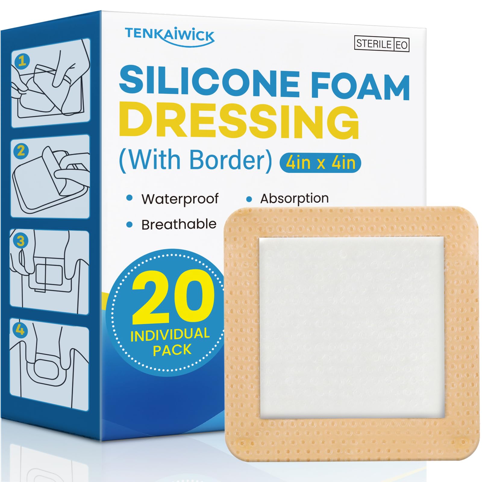Confezione da 20 medicazioni in schiuma di silicone, 10,2 x 10,2 cm, con bordo adesivo, bende in silicone ad alta assorbenza, bende in schiuma impermeabili per la cura delle ferite, piaghe da decubito
