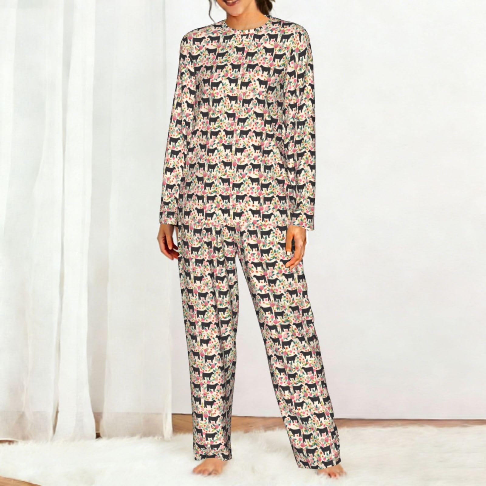 Red Flower Show Steer Cows Bestiame Stampa Delle Donne Manica Lunga Pigiama Corrispondente Morbido Elastico Coulisse Casual Daywear