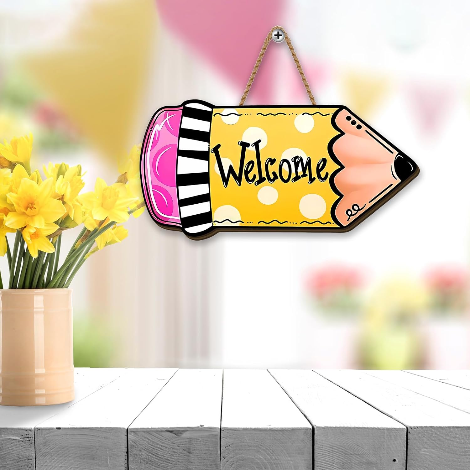 Yarcooly Back To School Door Sign First Day of School Front Wooden Wreath Apple Bus Pencil Ruler Classroom Hanging Decor Welcome Back To School Decorations for School Classroom