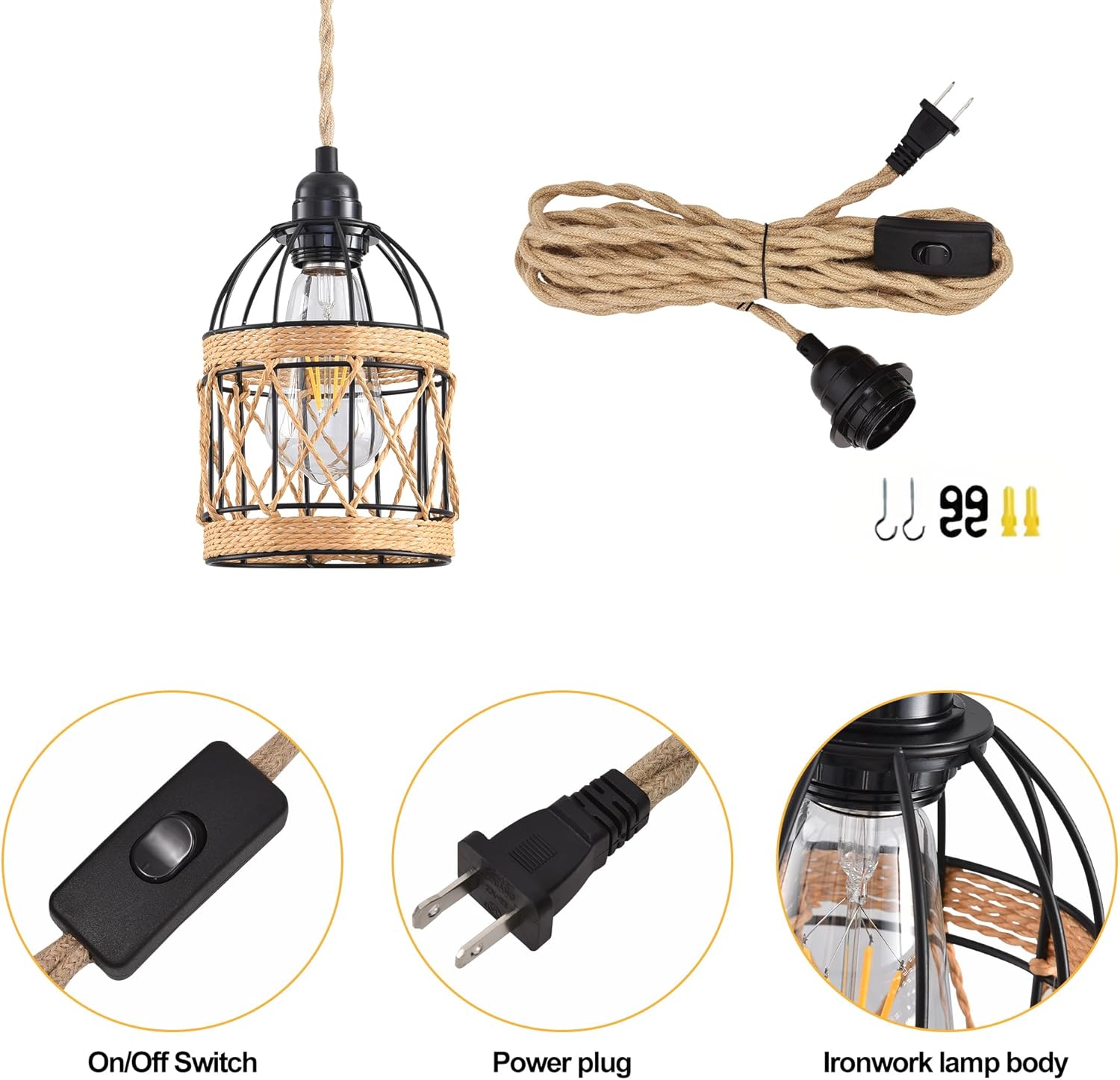 Plug in Pendant Light, Industrial Hanging Light with Plug in Cord Hemp Rope On/Off Switch Farmhouse, Vintage Pendant Light Fixture, Hanging Lamps for Dining Room