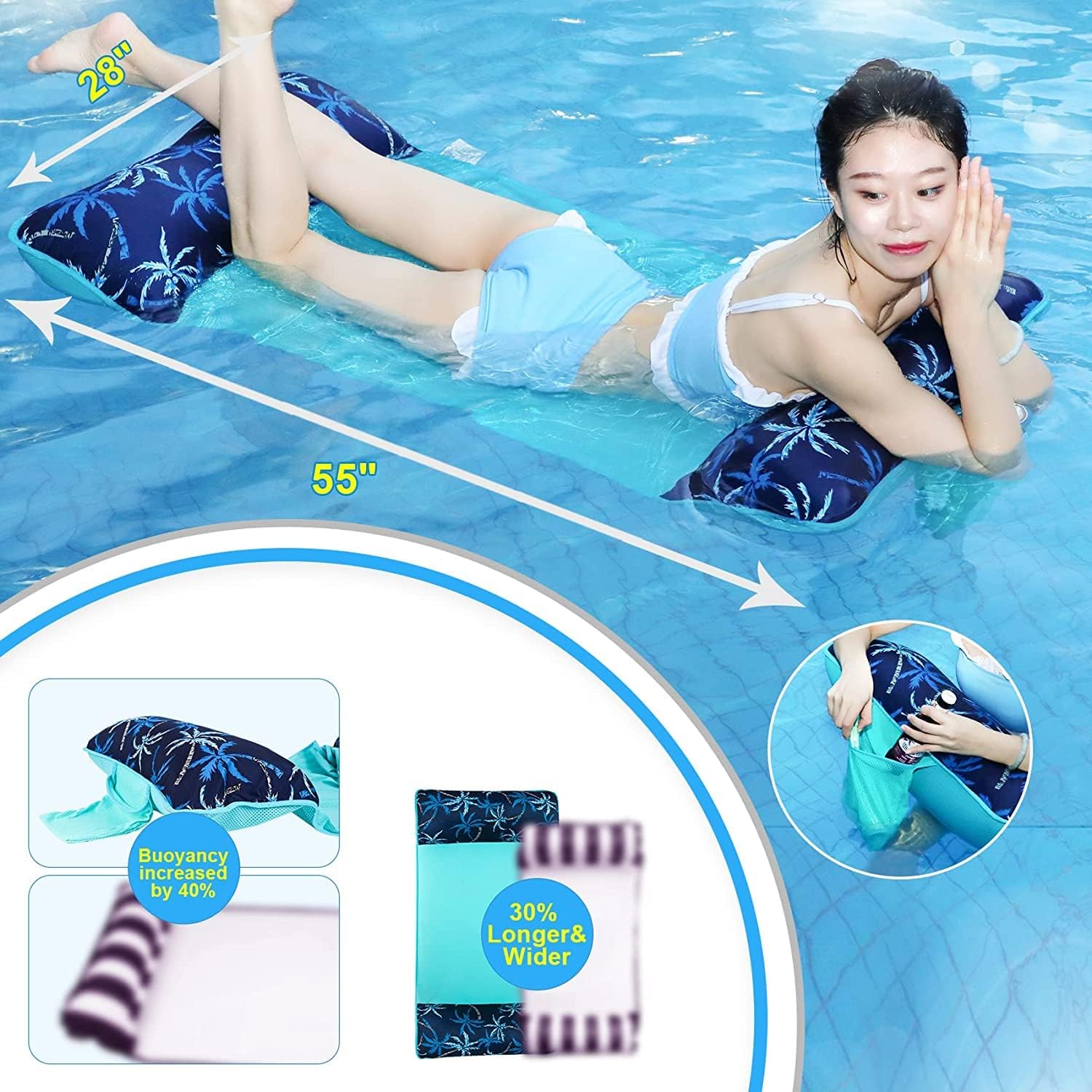 Pool Hammock,Inflatable Water Hammock for Adult, Fabric Mesh Floating up to 300 LBS Heavy Duty, XL Lake Floats with Drink Bag, Inflatable Pool Lounger, 5-in-1 Multi-Purpose Water Toys