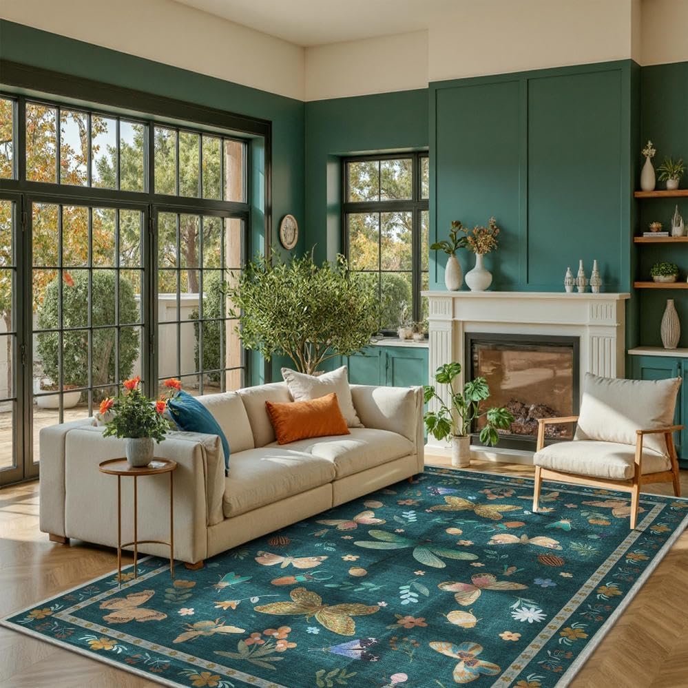 5x7 washable area rugs for bedroom & living room - floral boho vintage rug,soft & non-slip,low pile wool carpet for indoor dining room,girls room,nursery room and kids room(teal) teal 5' x 7' (rectangular)