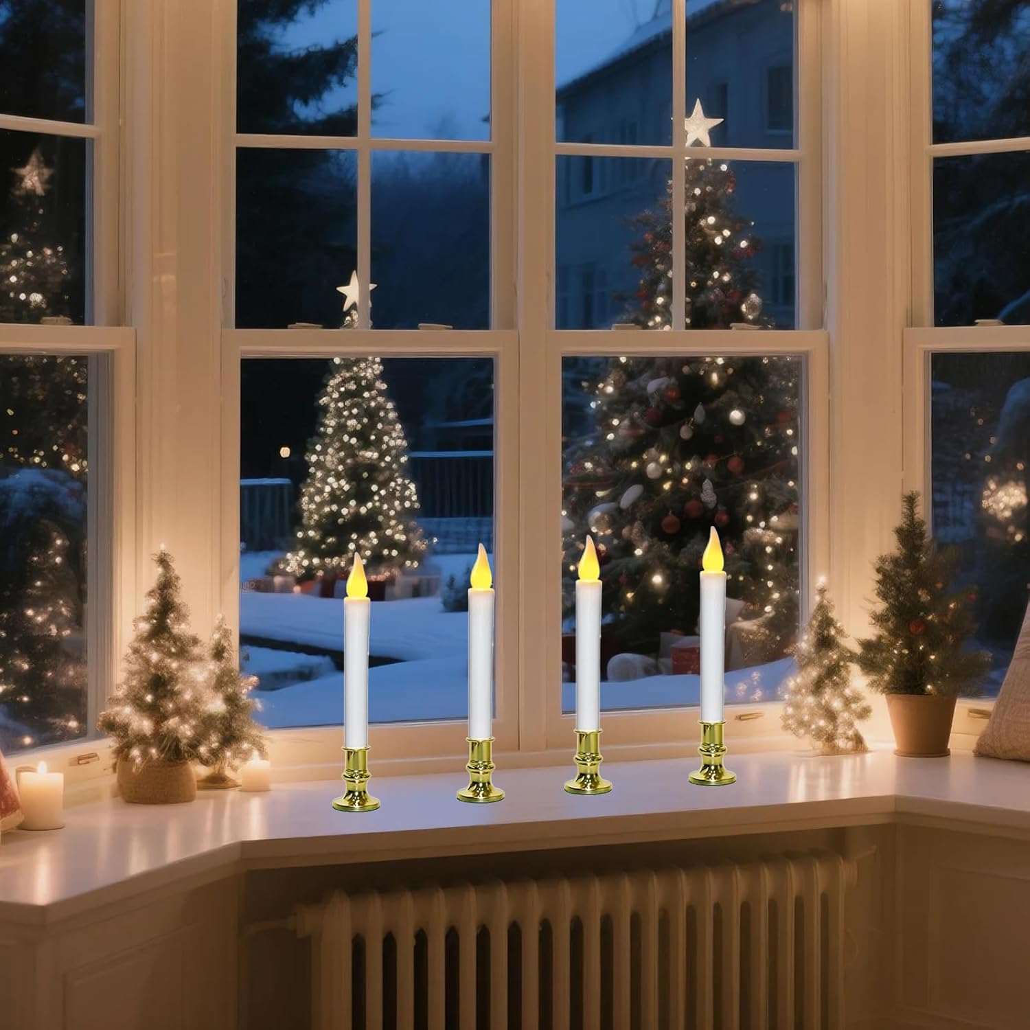 4Pack Christmas Window Candles Battery Operated with Timer, 6H/18H Auto On/Off, LED Flameless Candles with Realistic Flickering Flame and Suction Cups for Holiday Home Decor