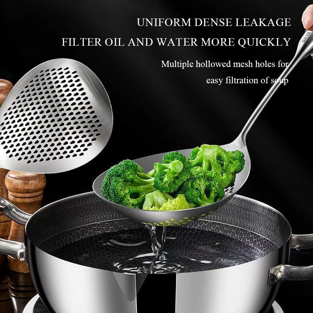 Skimmer Slotted Spoon, Large Slotted Spoon with Long Wooden Handle and Hanging Holes, 16in 304 Stainless Steel Pasta Spider Strainer, for Kitchen Cooking Frying Pasta Strainer Spoon