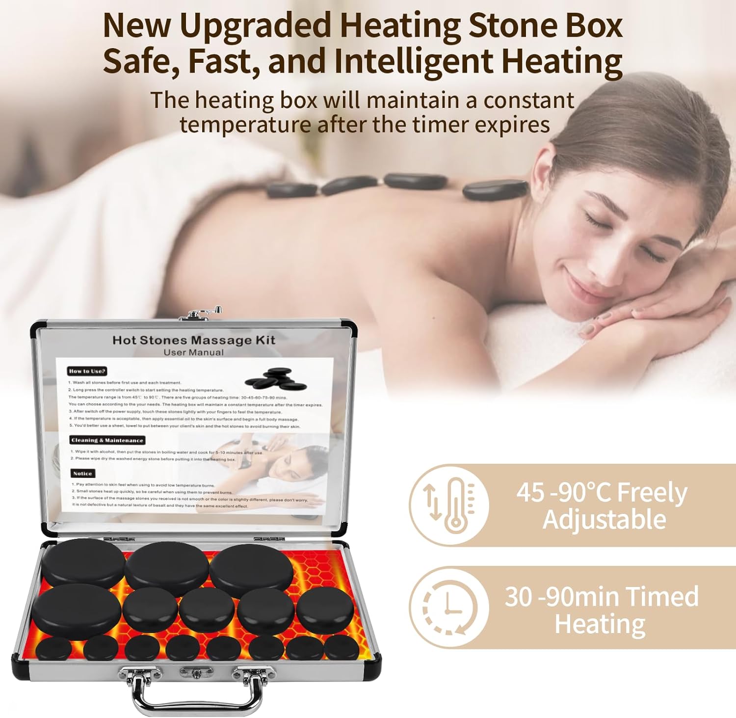 Meifuly 16Pcs Hot Stones Massage Set with Temperature Adjustment (113-194°F), Hot Rocks Massage Stones Kit with Warmer Box, Basalt Hot Stones Professional Massage Tool for Spa, Relieve Muscle Pain