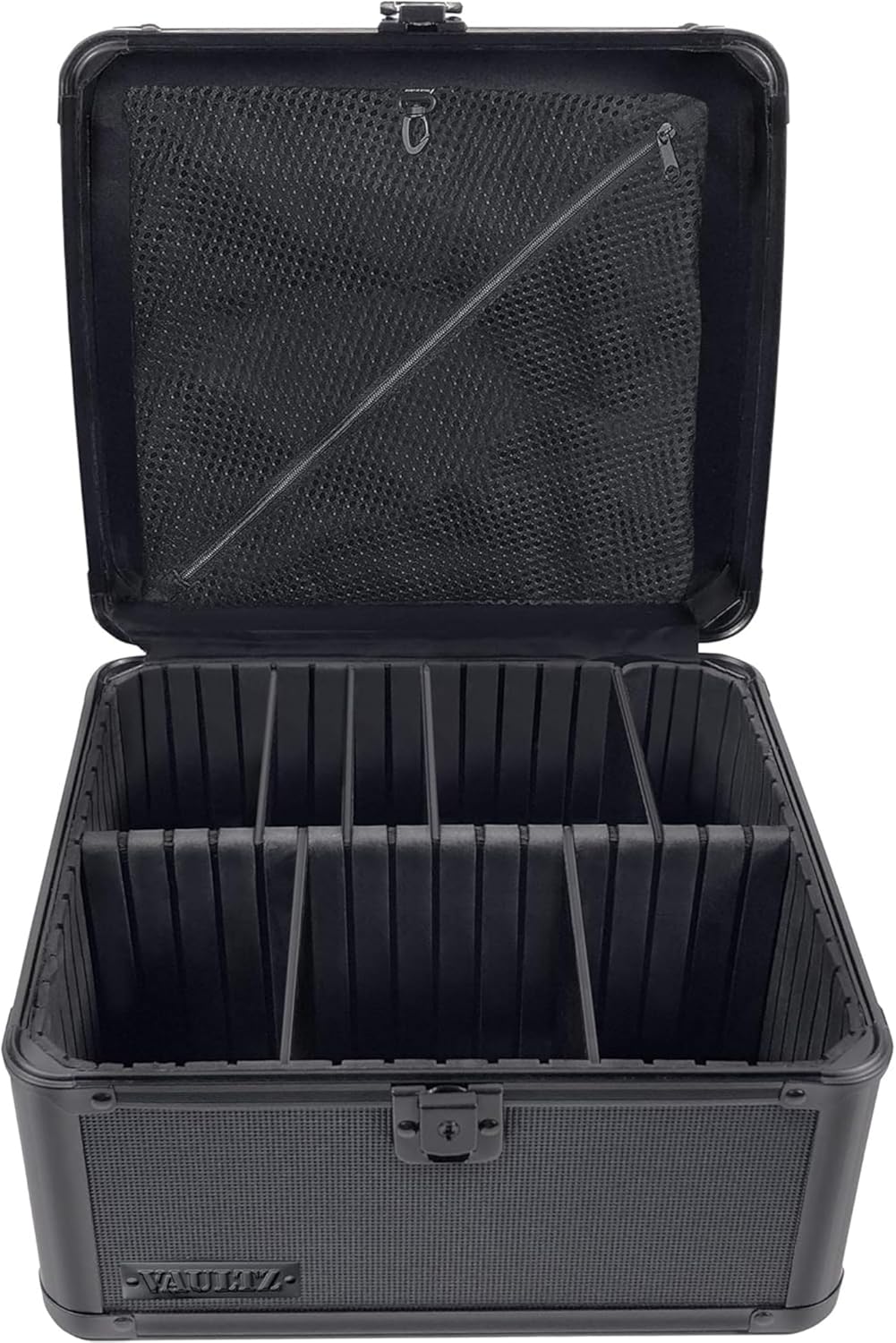 Vaultz Portable Safe Box - 10 x 10 x 6.5 Inch Large Storage Box with Lock, Mesh Pocket & Adjustable Compartments for Cash, Documents and Valuables - Tactical Black