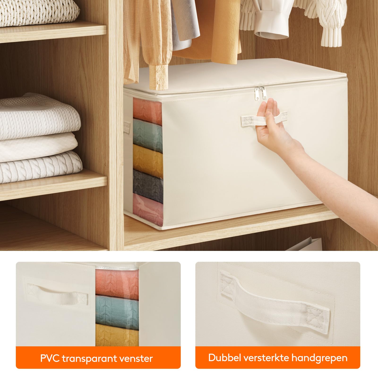 Lifewit 60 l dekbedden opbergtas met handgrepen, opbergdoos met deksel, kledingopbergcontainer met versterkte handgreep voor dekbedden, kledingkast organizer, beige, 4 stuks