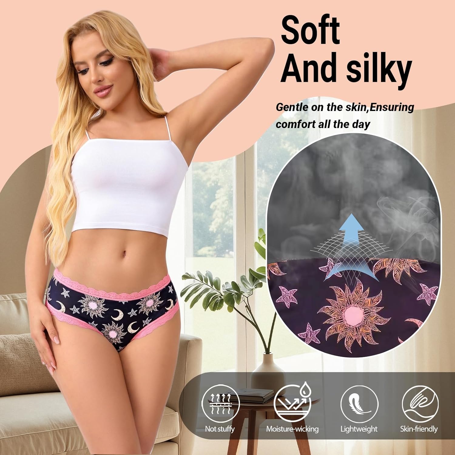 Women's Gothic Lace Hipster Panties 5~6Pack:Moon Eyes Mystical Print,Black Low Rise Bikini Soft Comfy Sexy Underwear - Image 2