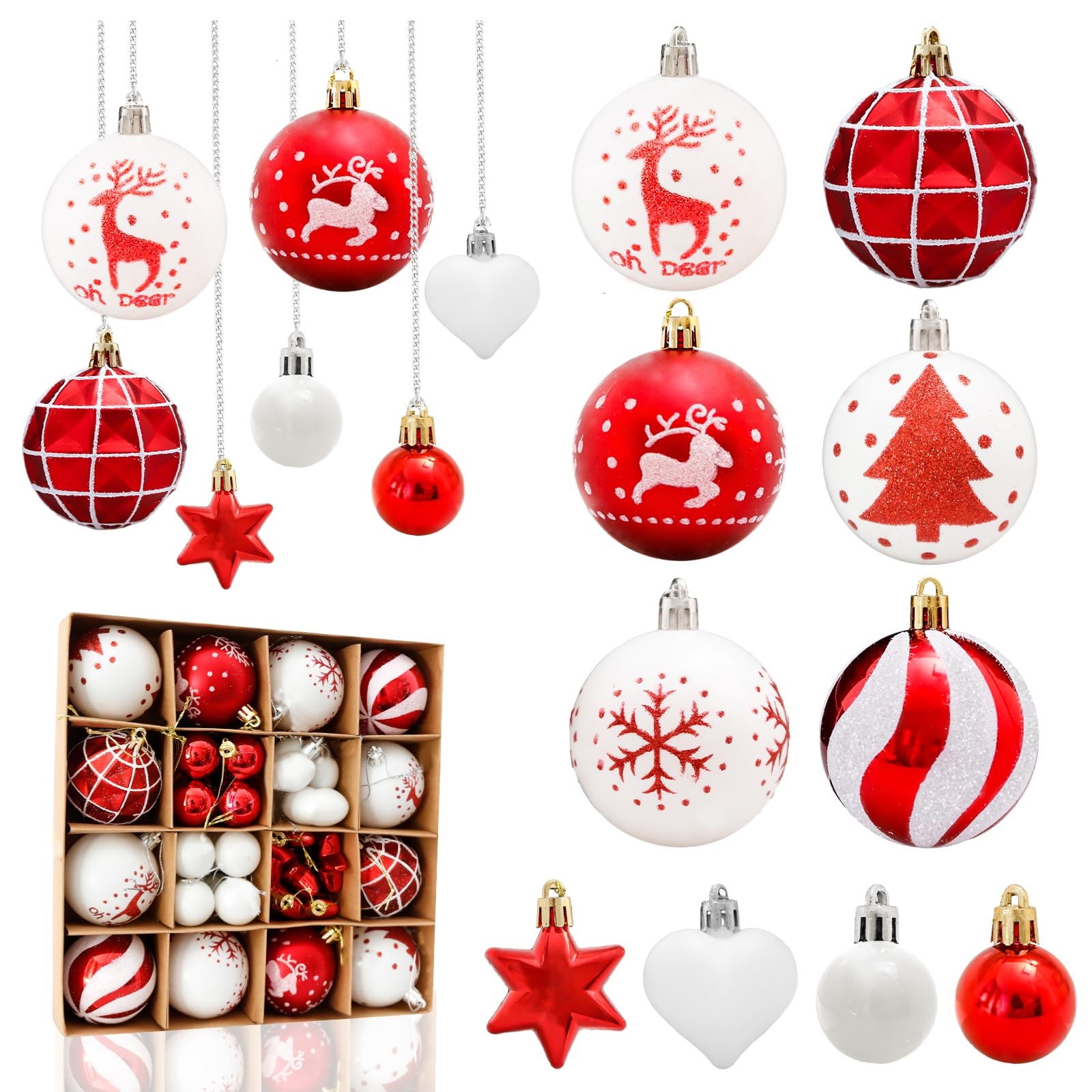 Aitsite 38 Pcs Christmas Baubles, Red and White Shatterproof Xmas Baubles Christmas Tree Decorations Large Balls Ornaments Hanging Decorations for Xmas Holiday Party Home