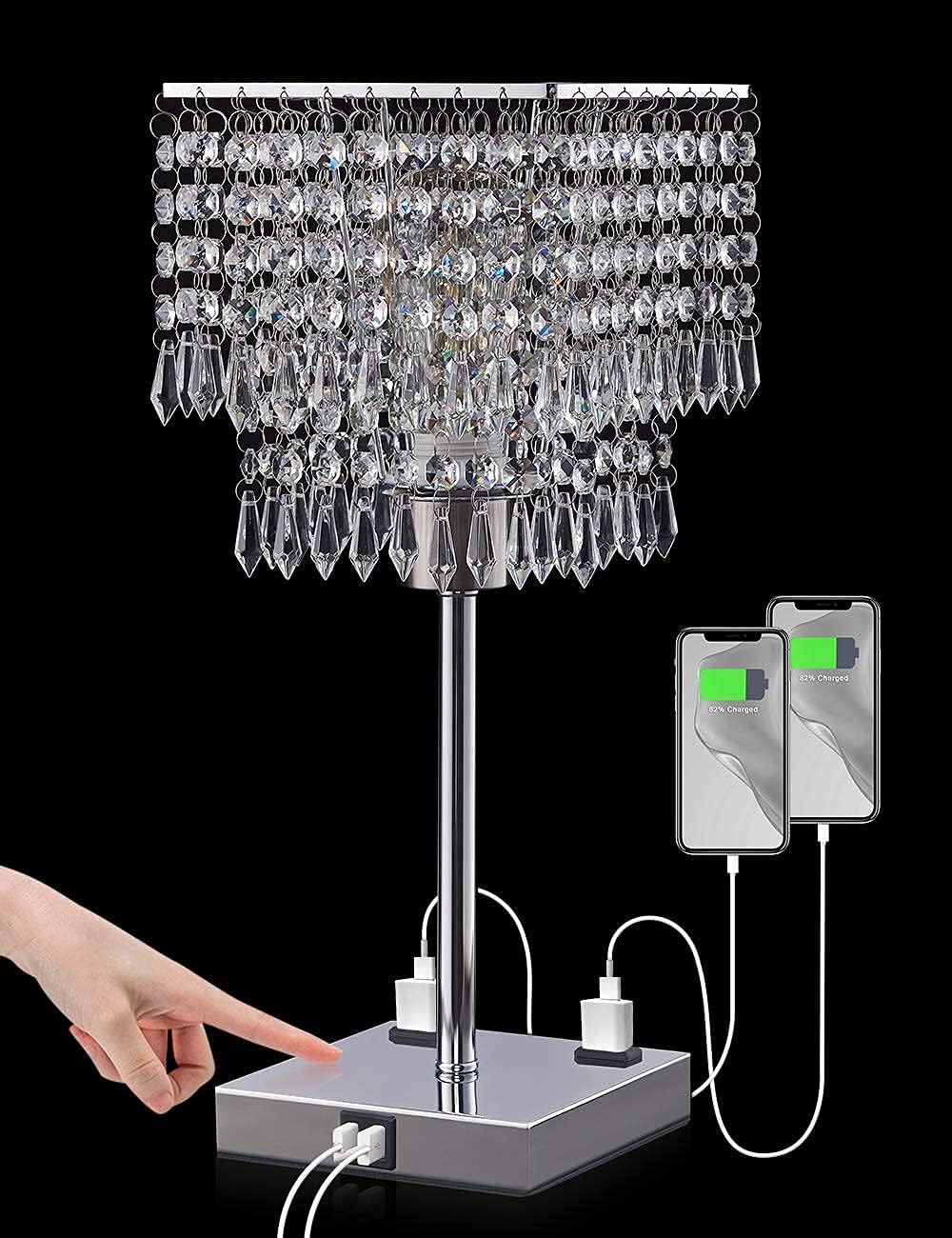 Acaxin Crystal Bedside Lamp Bedroom Dimmable Square Touch Control Table Lamp, 2 USB Charging Ports & 2 -Pins Outlets, Small End Nightstand Lamps for Bedroom/Living Room/Guest Room