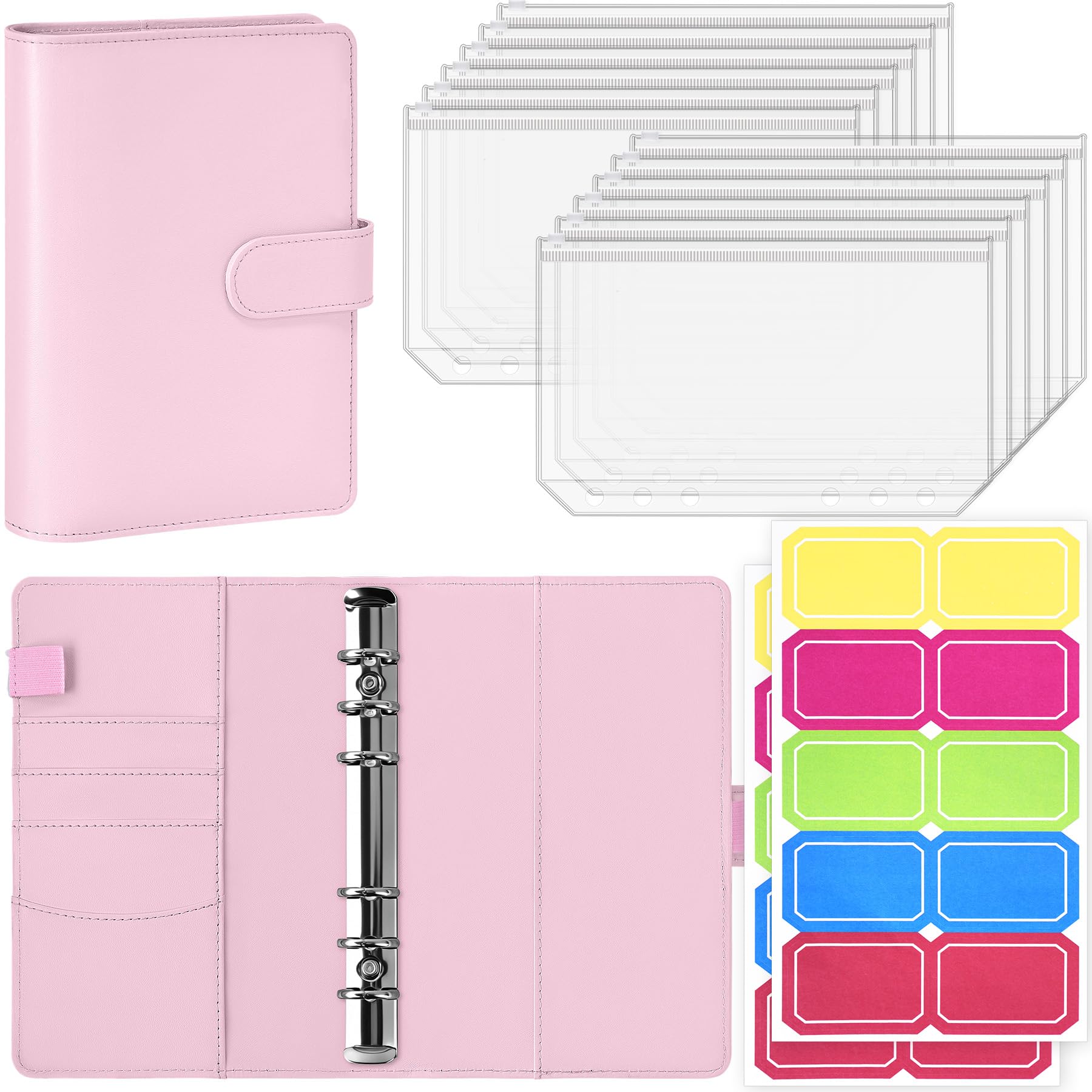 Antner A6 Budget Binder with Zipper Cash Envelopes for Money Organizer & Budgeting, PU Leather Budget Planner Money Saving Binder with Cash Stuffing Envelopes & Labels for Home Office Travel, Pink